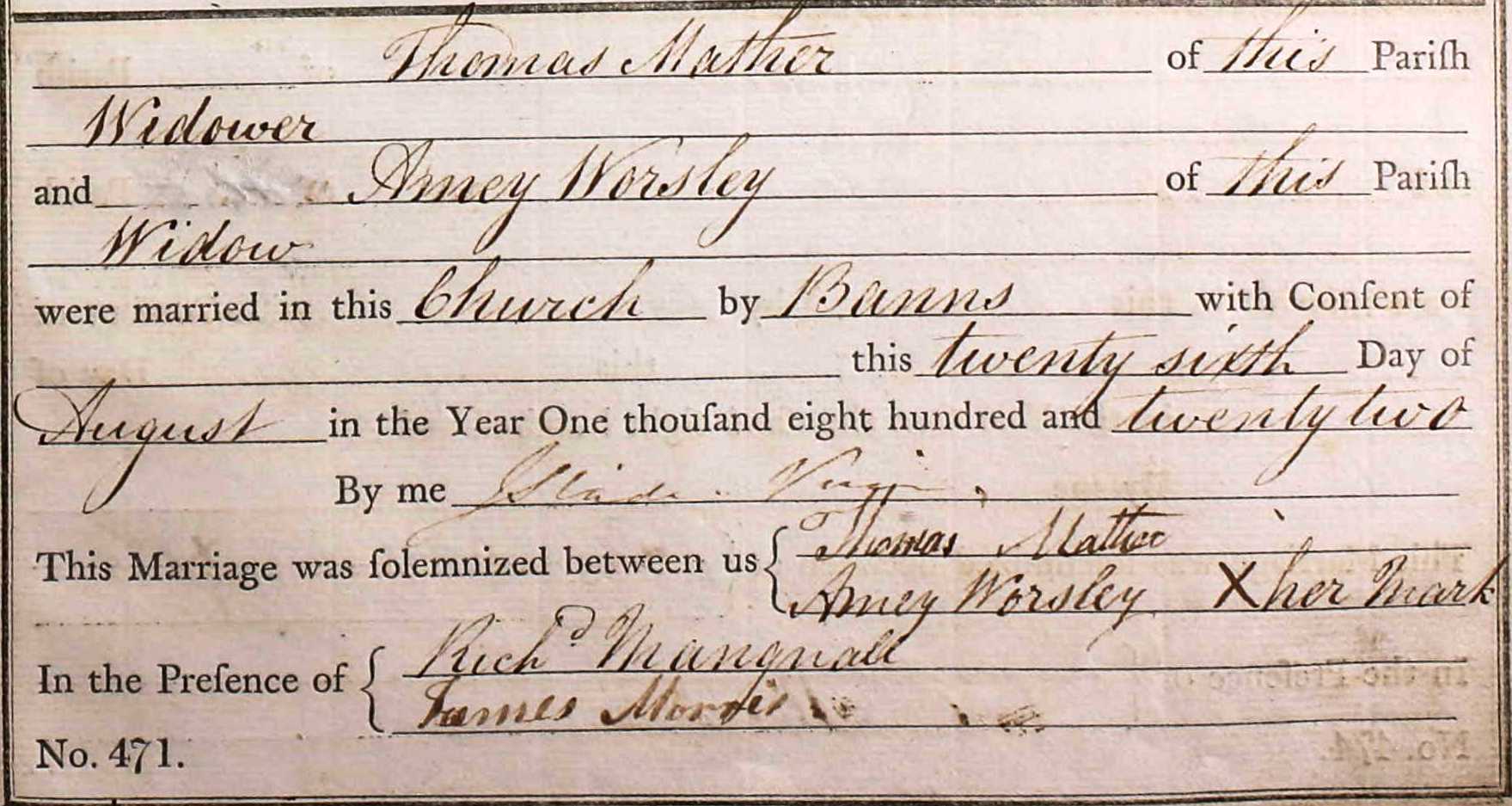 Taken on August 26th, 1822 and sourced from Certificate - Marriage.