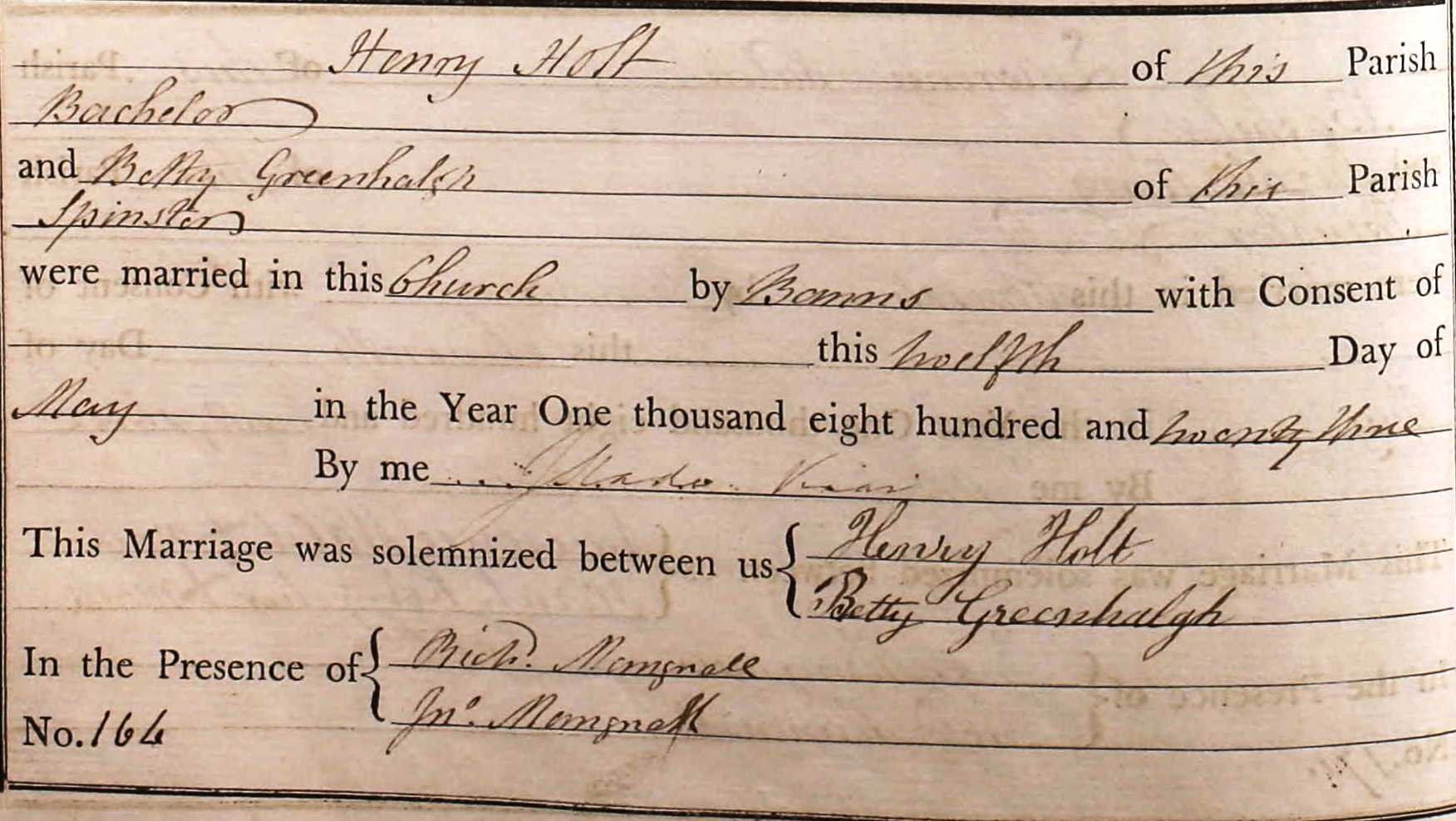 Taken on May 12th, 1823 and sourced from Certificate - Marriage.