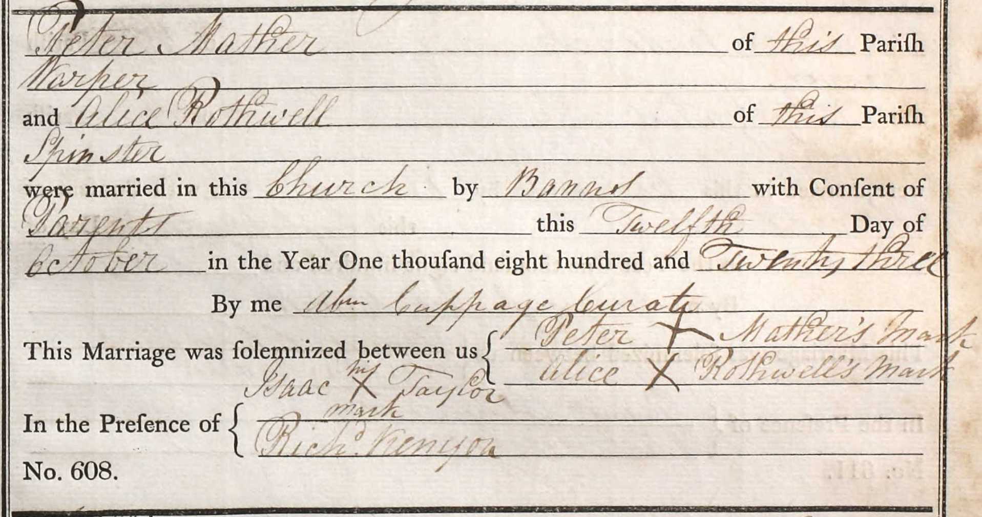 Taken on October 12th, 1823 and sourced from Certificate - Marriage.