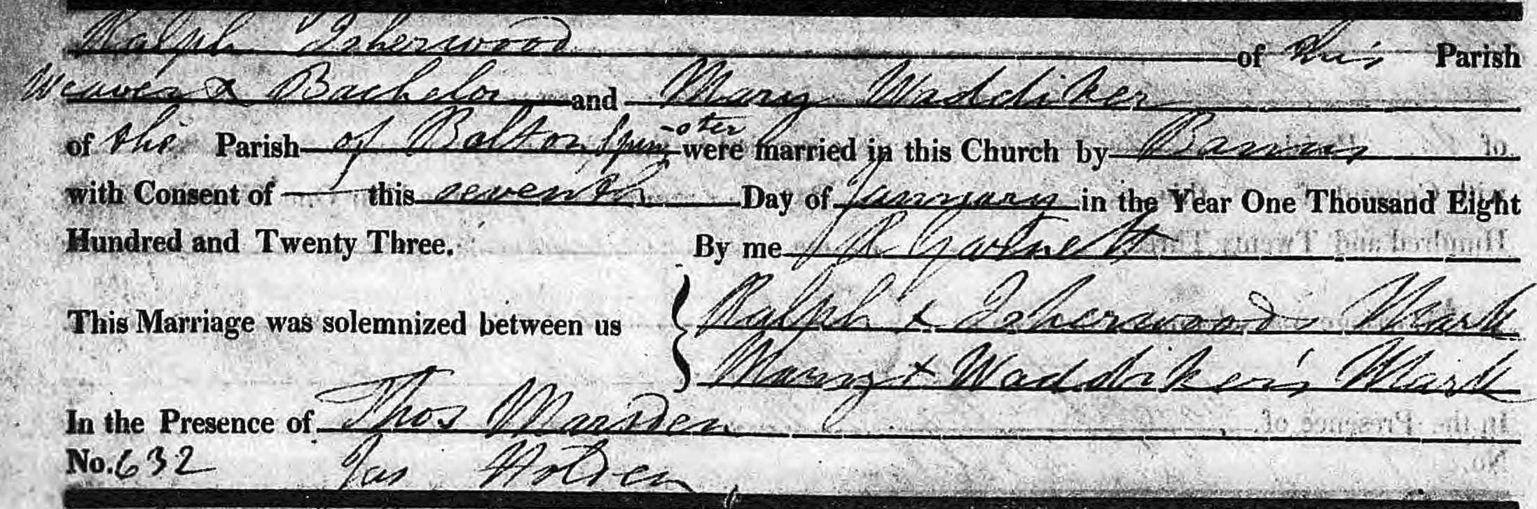 Taken on January 7th, 1823 and sourced from Certificate - Marriage.