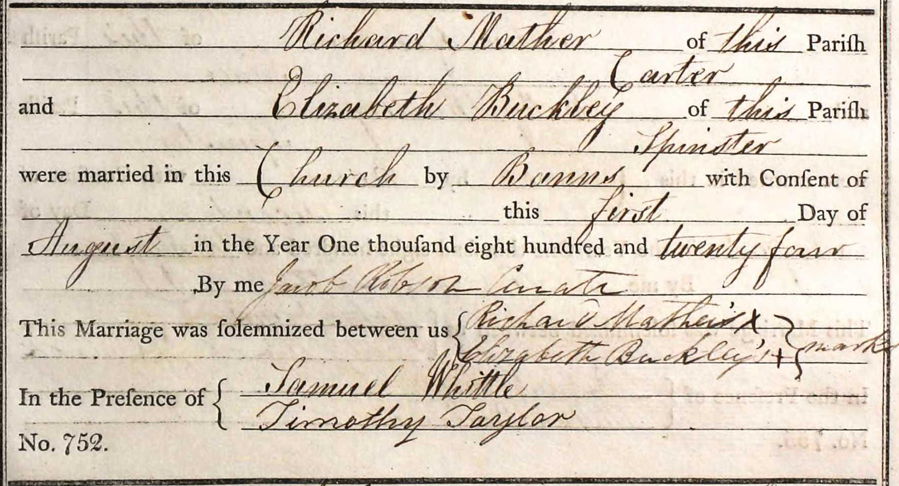 Taken on August 1st, 1824 and sourced from Certificate - Marriage.