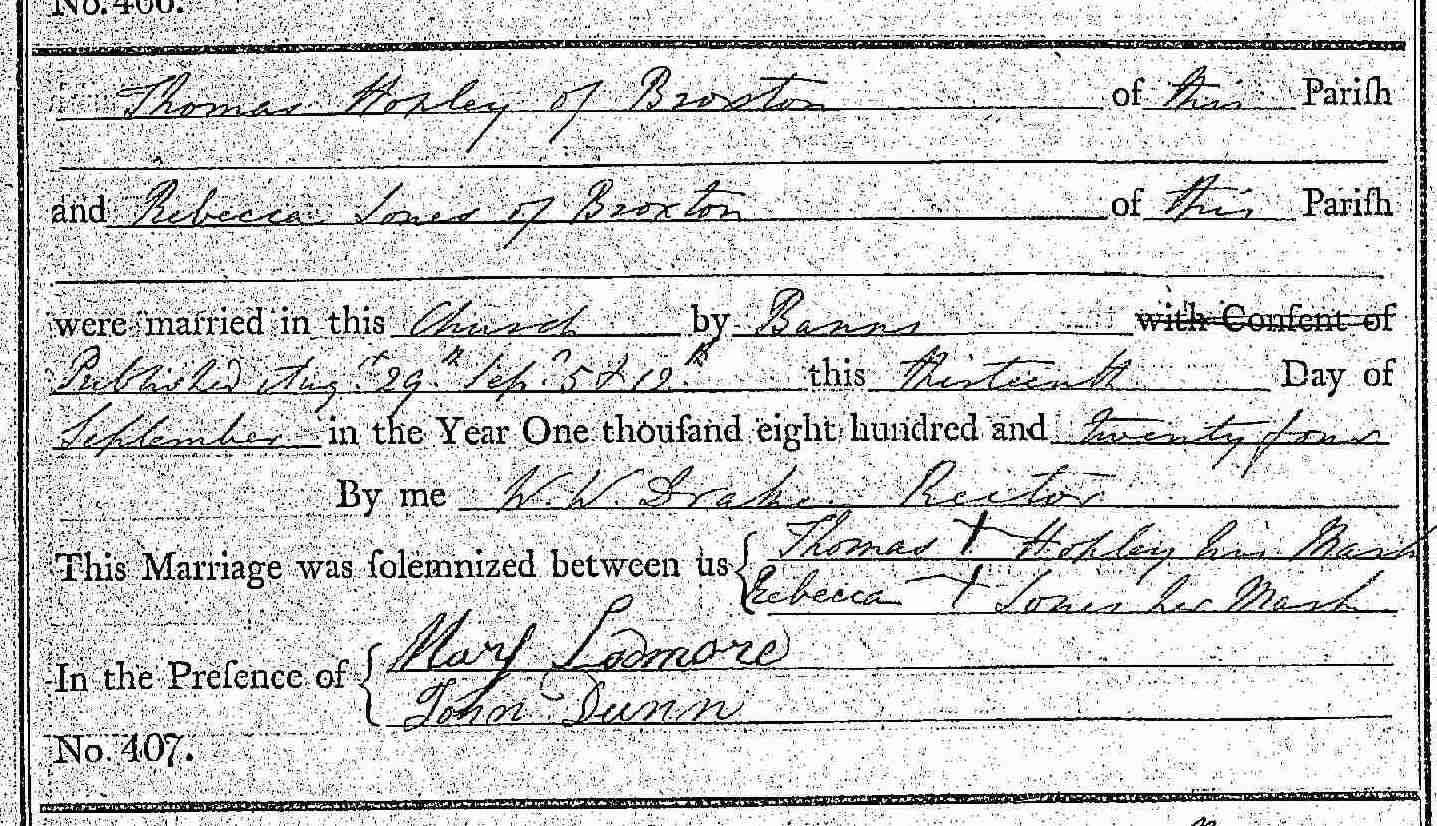 Taken on September 13th, 1824 in Malpas and sourced from Certificate - Marriage.