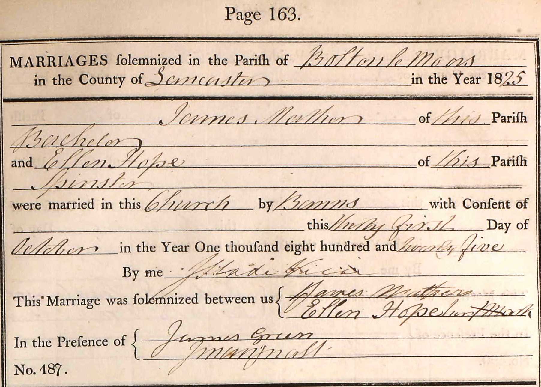 Taken on October 31st, 1825 and sourced from Certificate - Marriage.