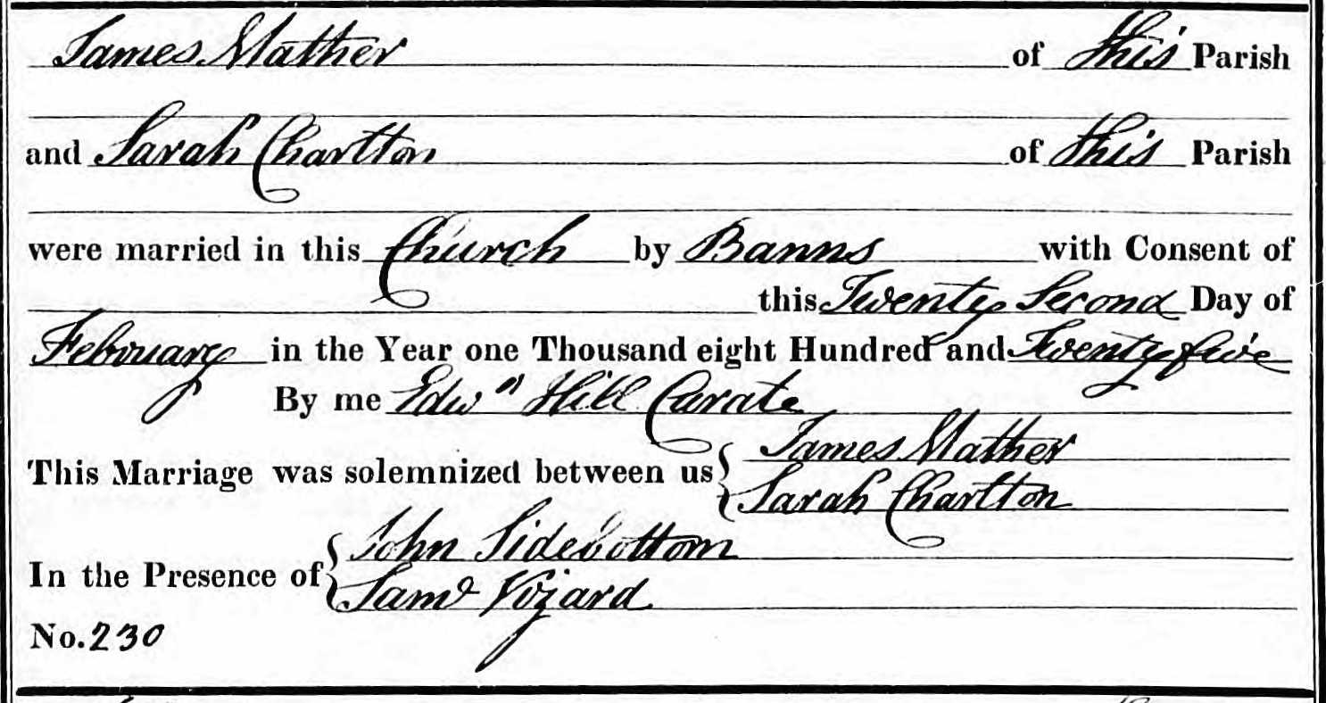 Taken on February 22nd, 1825 and sourced from Certificate - Marriage.