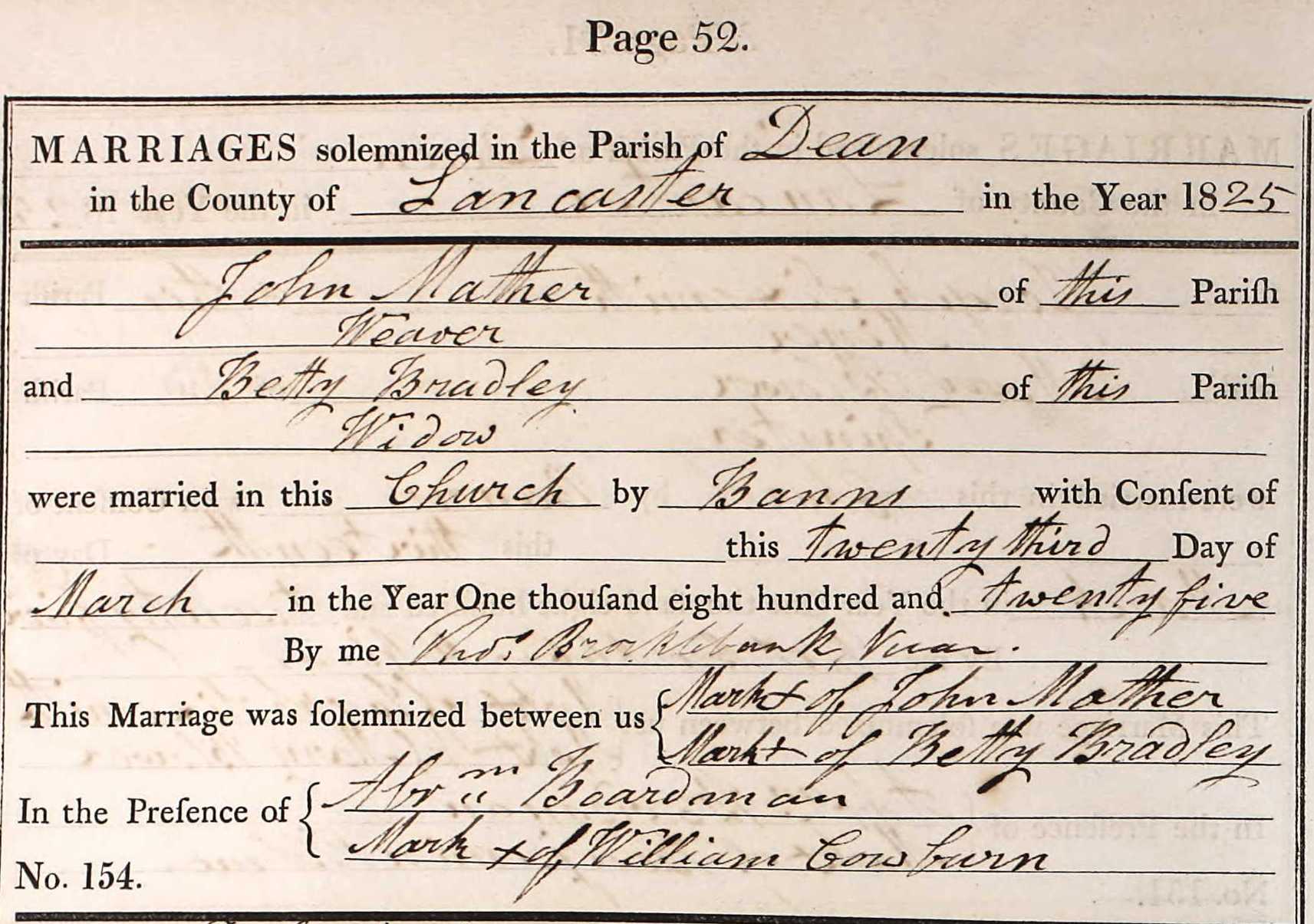 Taken on March 23rd, 1825 and sourced from Certificate - Marriage.