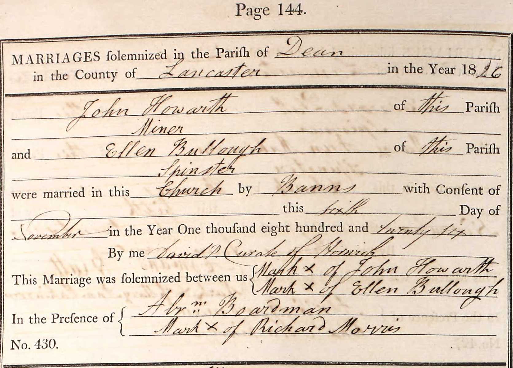 Taken on November 5th, 1826 and sourced from Certificate - Marriage.