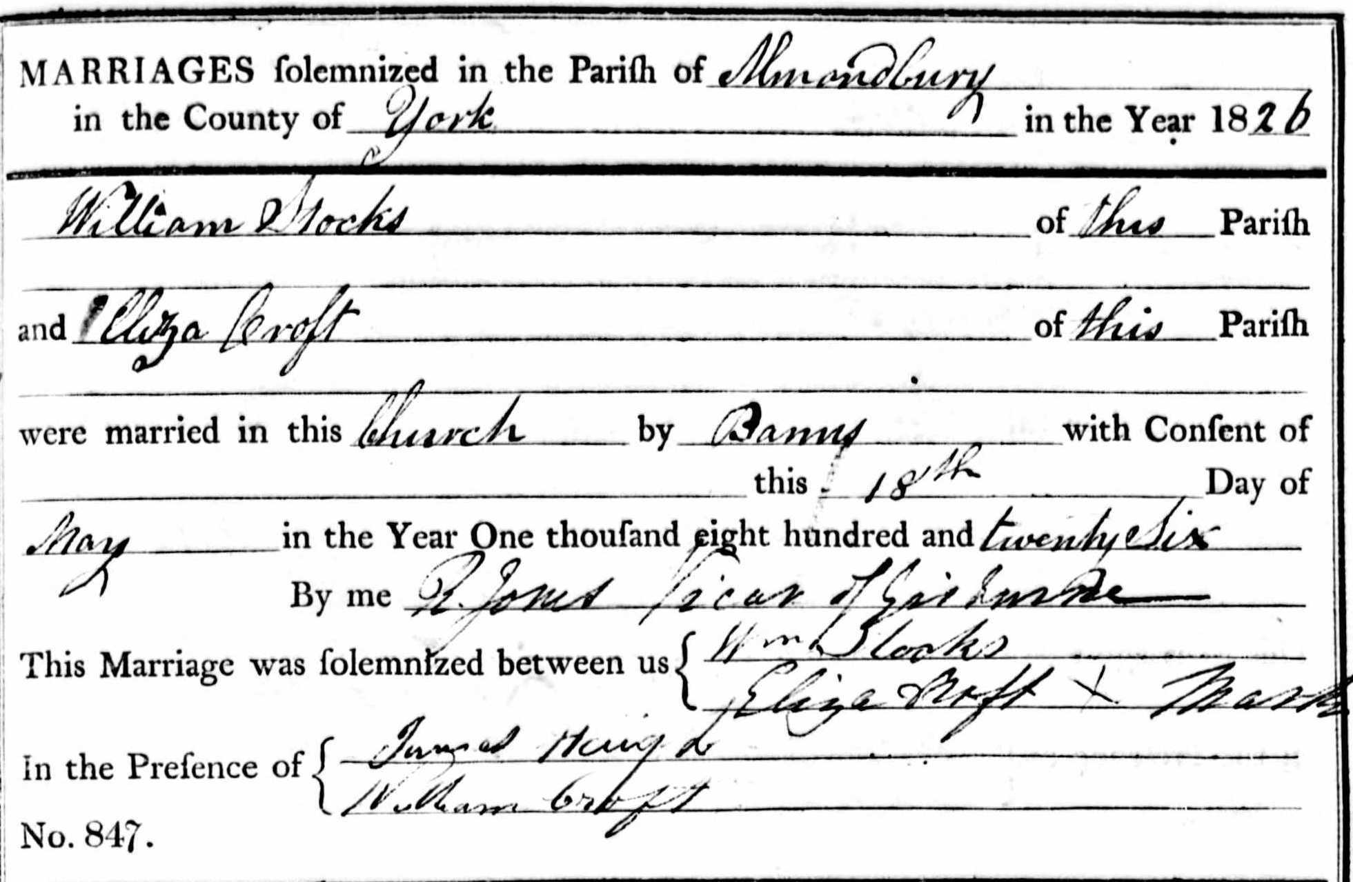 Taken in 1826 in Almondbury and sourced from Certificate - Marriage.