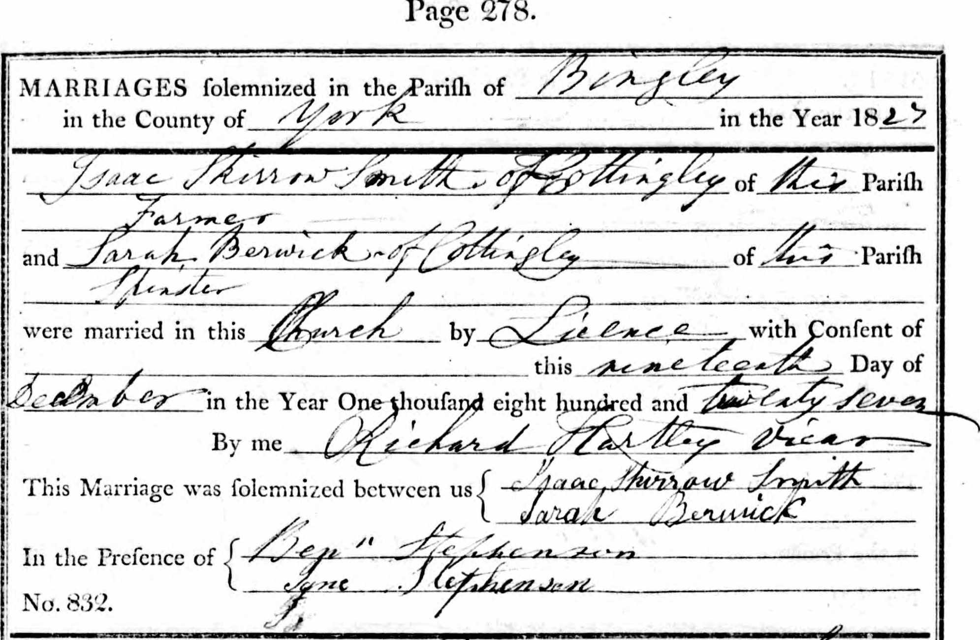 Taken on December 18th, 1827 and sourced from Certificate - Marriage.