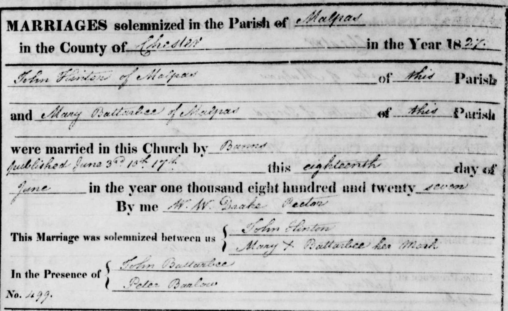 Taken on June 18th, 1827 in Malpas and sourced from Certificate - Marriage.