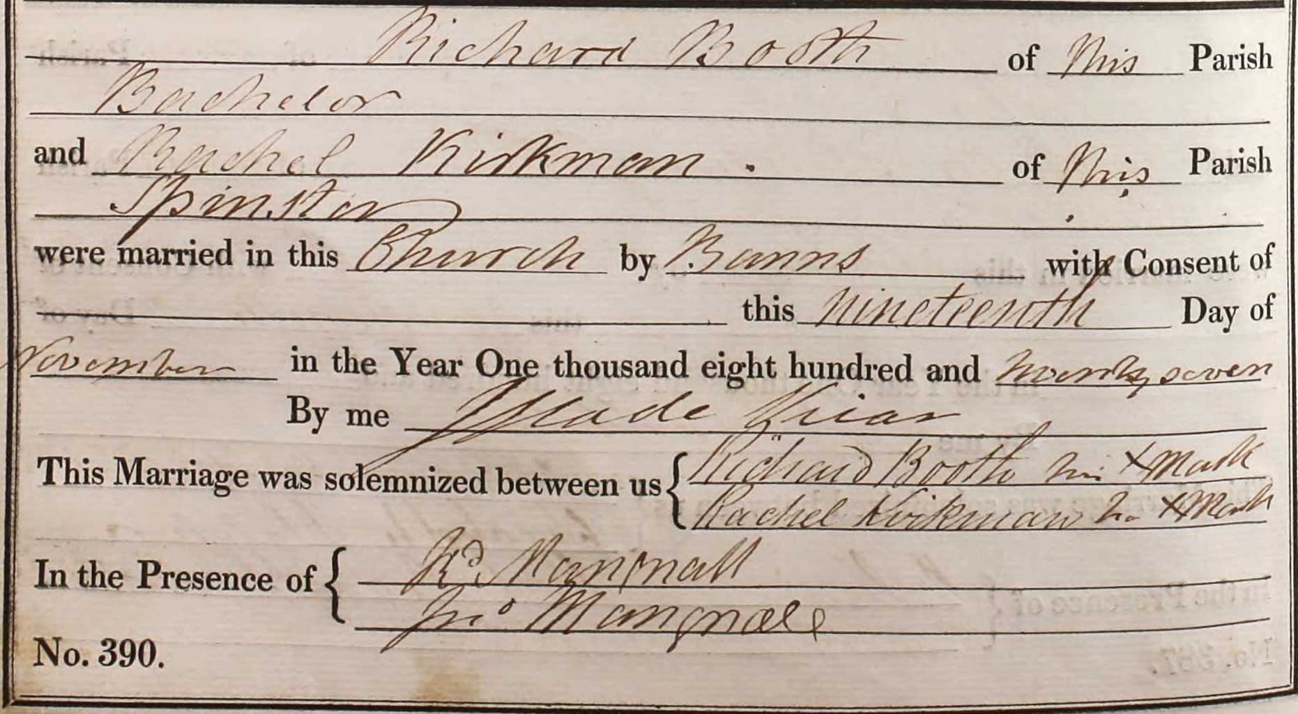 Taken on November 19th, 1827 and sourced from Certificate - Marriage.