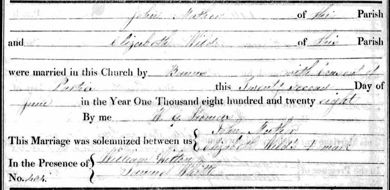 Taken on June 22nd, 1828 and sourced from Certificate - Marriage.