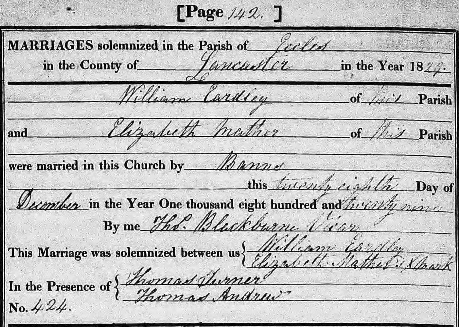 Taken on December 28th, 1829 and sourced from Certificate - Marriage.