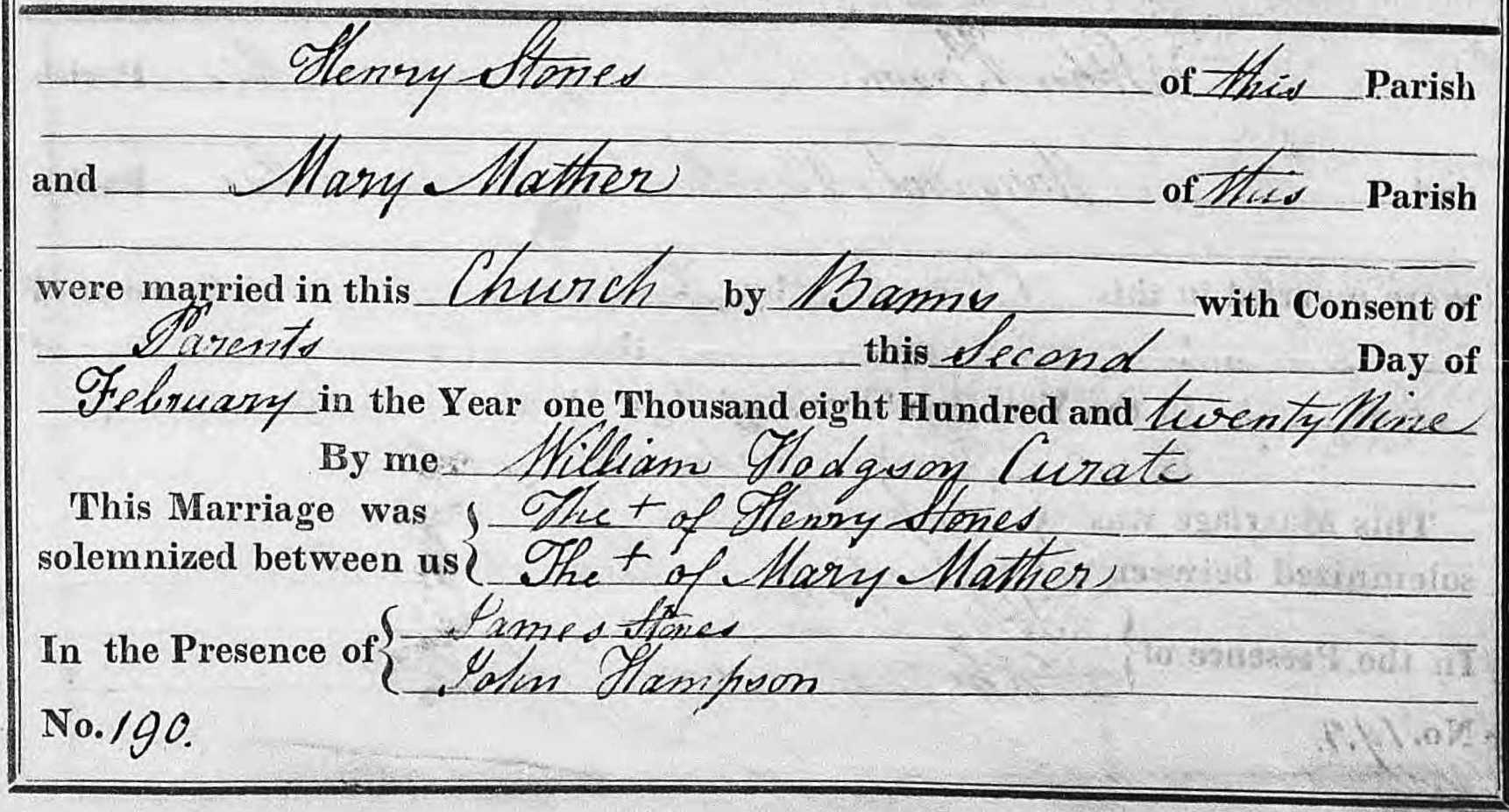 Taken on February 2nd, 1829 and sourced from Certificate - Marriage.