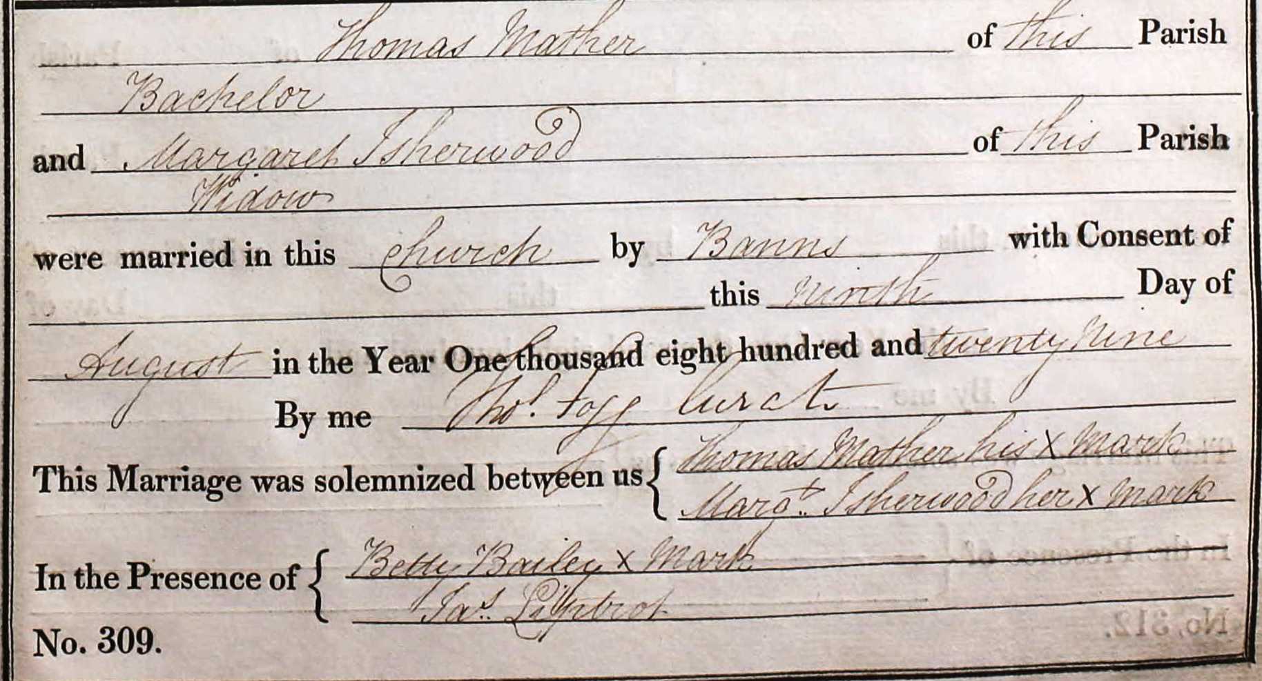 Taken on August 9th, 1829 and sourced from Certificate - Marriage.