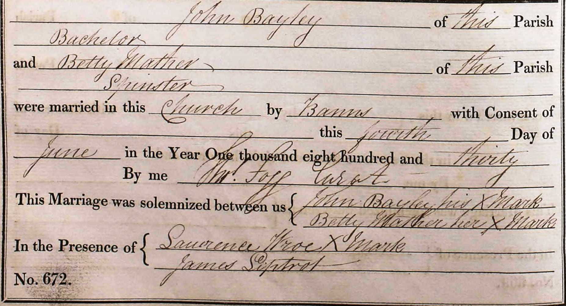 Taken on June 4th, 1830 and sourced from Certificate - Marriage.