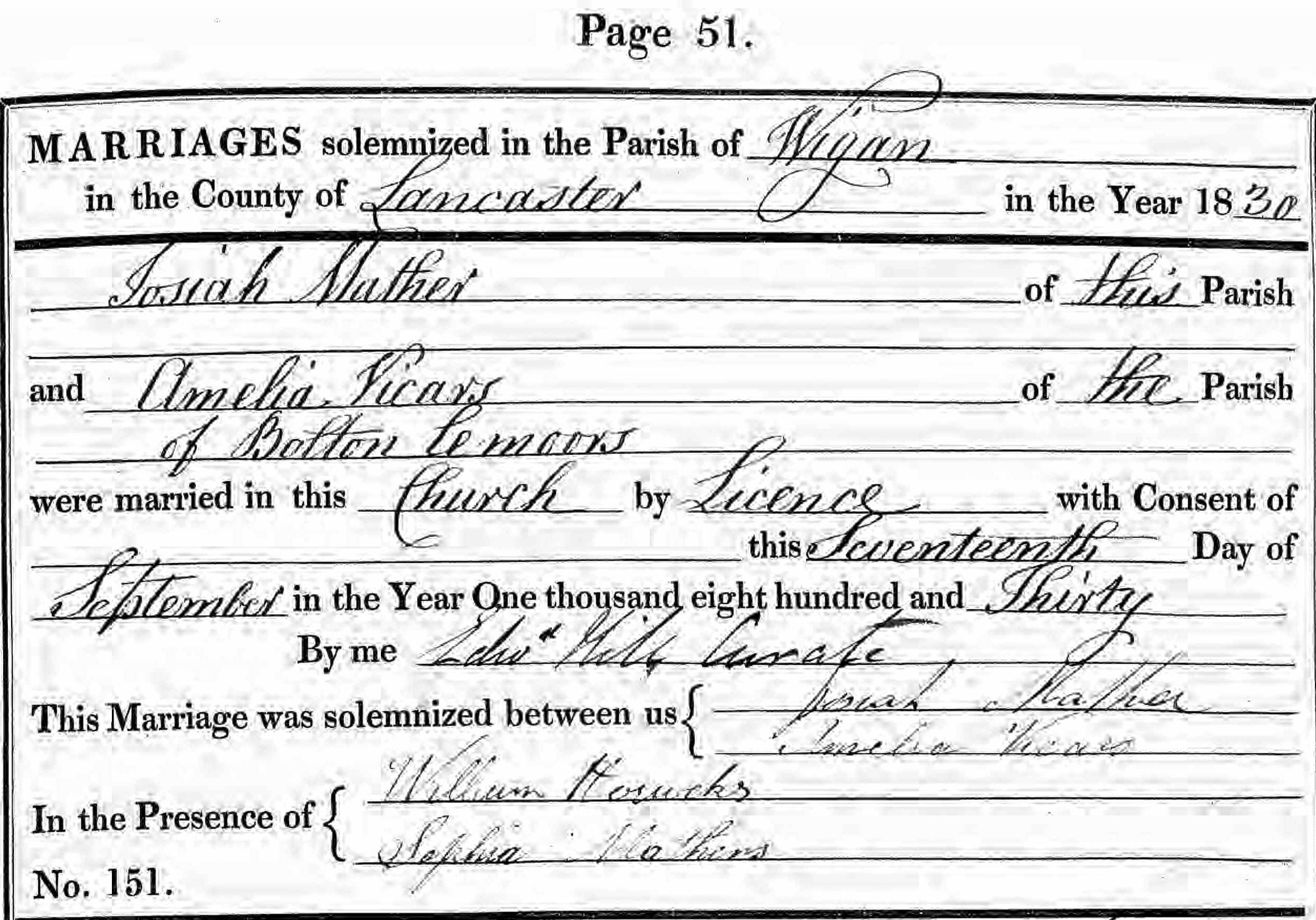 Taken on September 14th, 1830 and sourced from Certificate - Marriage.