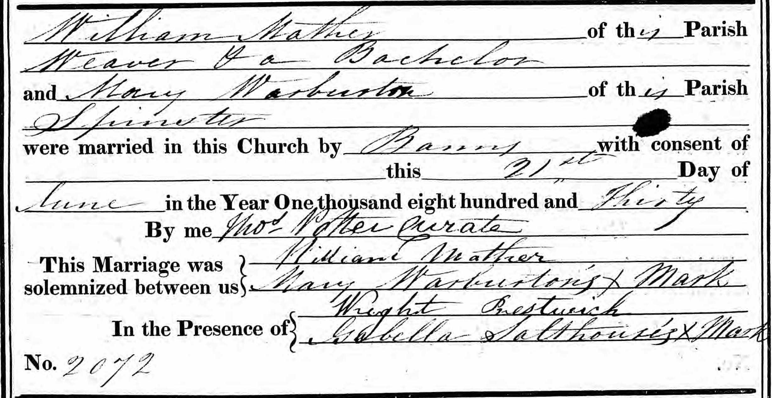 Taken on June 21st, 1830 and sourced from Certificate - Marriage.