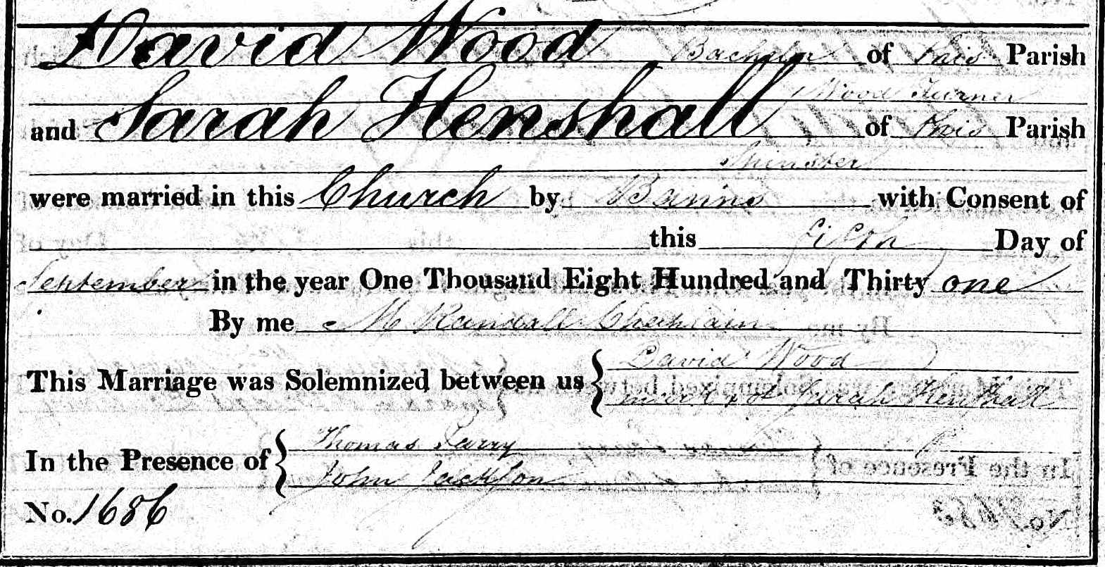 Taken on September 5th, 1831 and sourced from Certificate - Marriage.