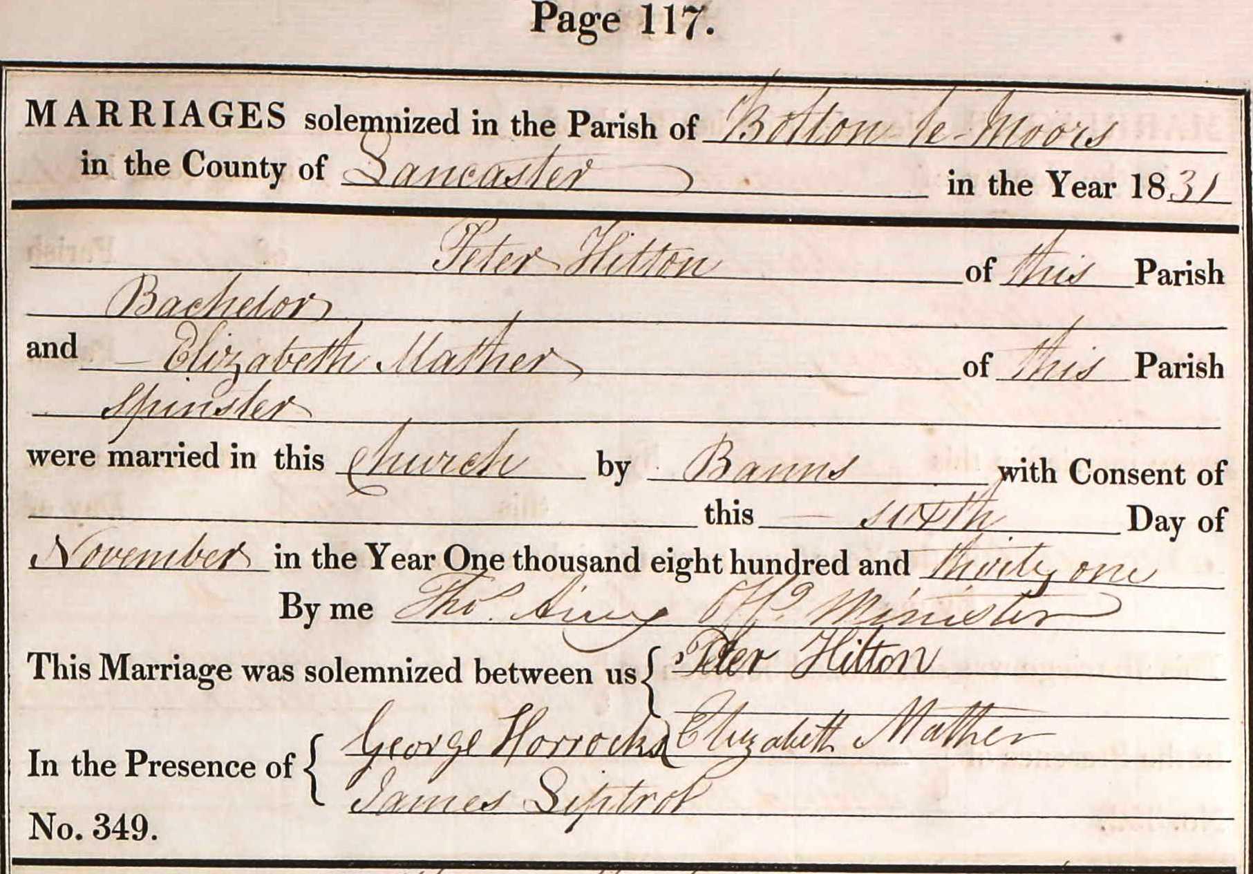 Taken on November 6th, 1831 and sourced from Certificate - Marriage.