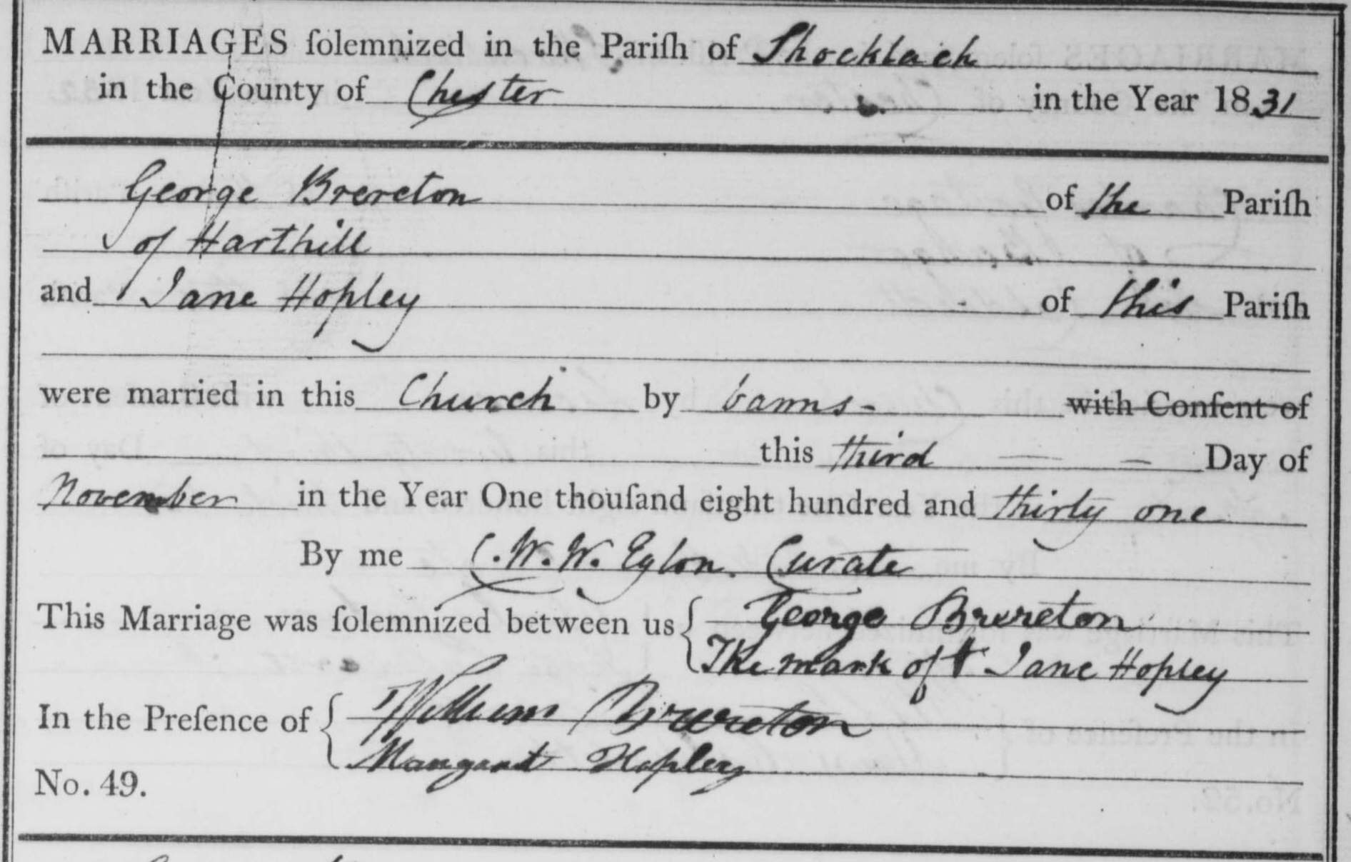 Taken on November 3rd, 1831 and sourced from Certificate - Marriage.