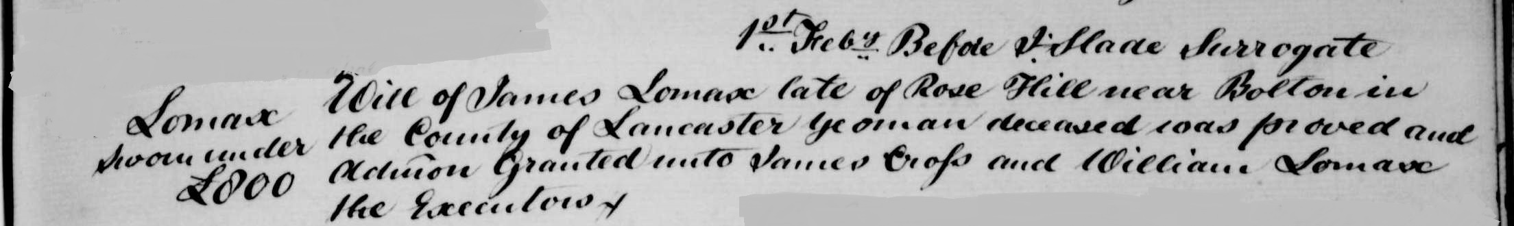 Taken on February 1st, 1831 and sourced from Wills - Cheshire.