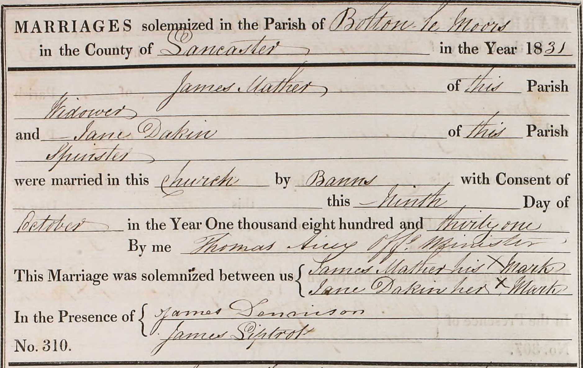 Taken in 1831 and sourced from Certificate - Marriage.