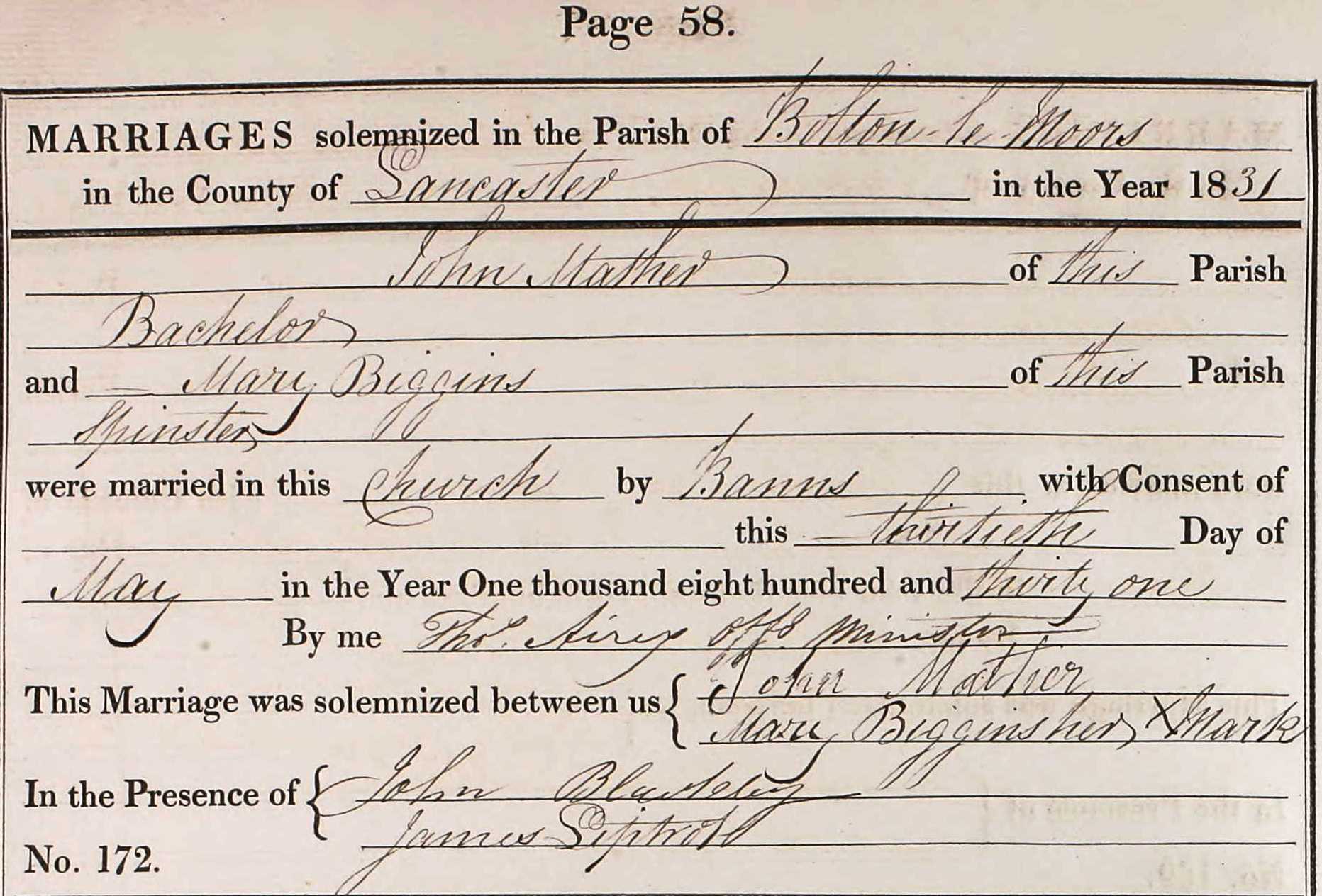 Taken on May 30th, 1831 and sourced from Certificate - Marriage.