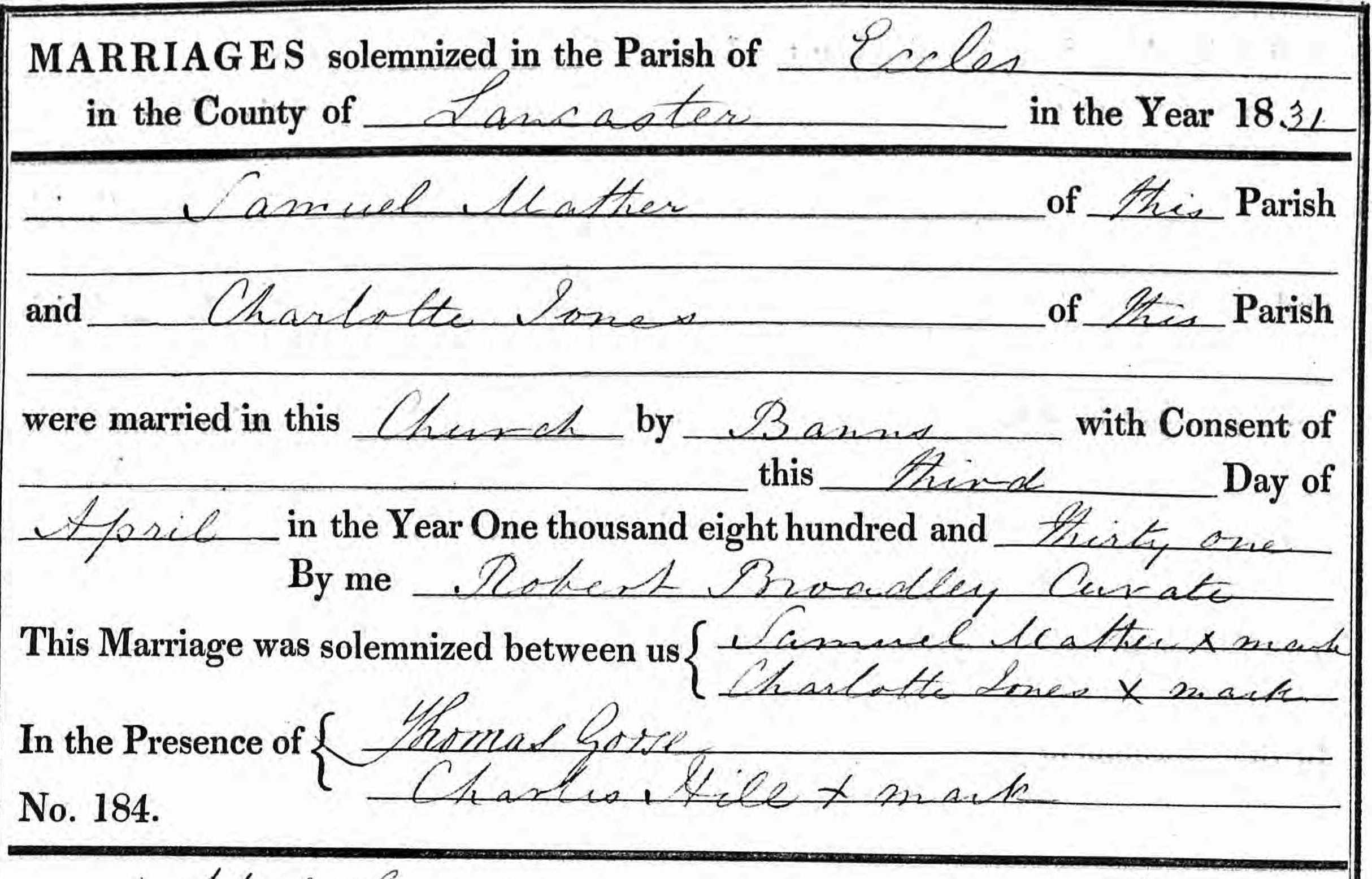 Taken on April 3rd, 1831 and sourced from Certificate - Marriage.