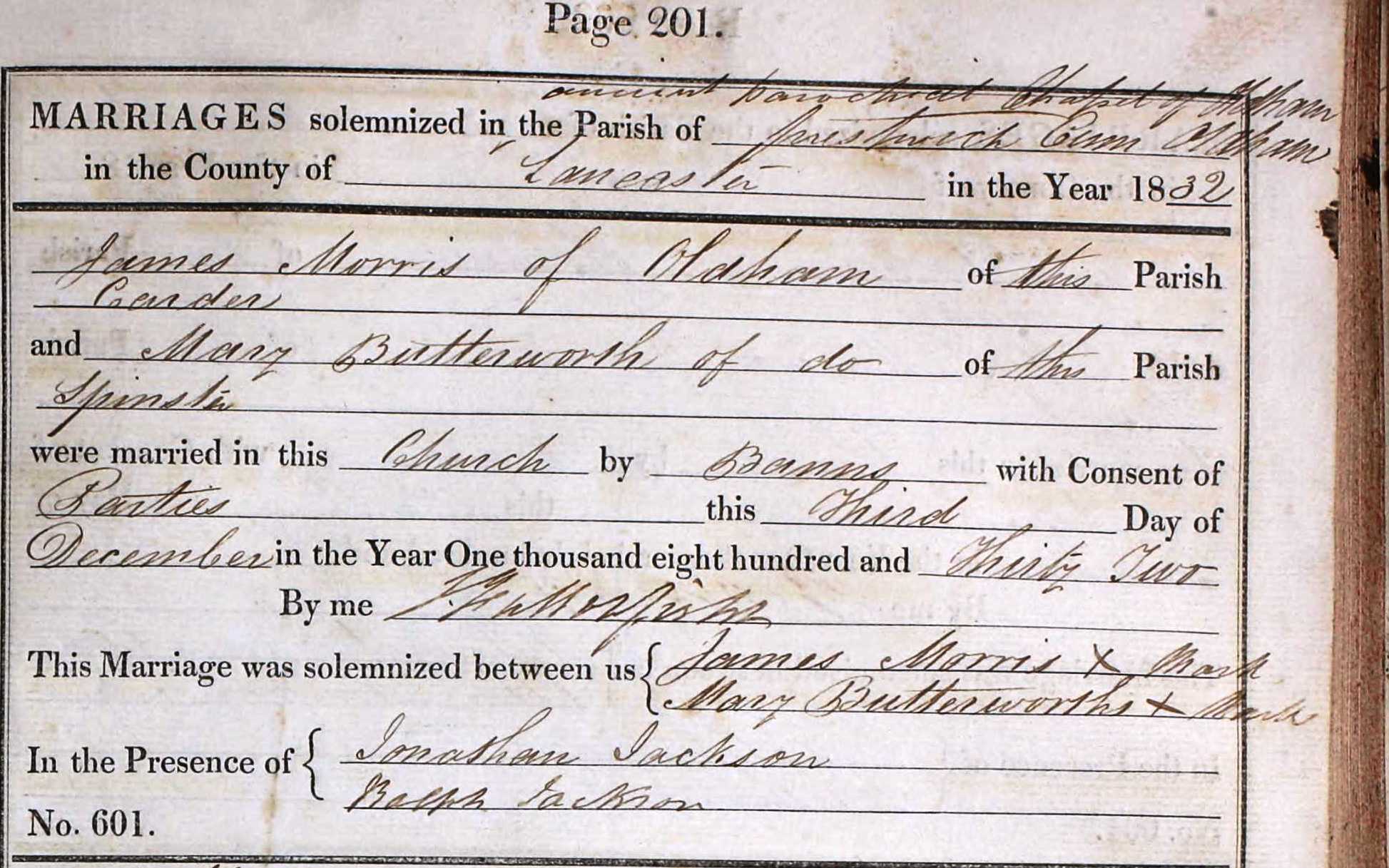 Taken on December 3rd, 1832 and sourced from Certificate - Marriage.