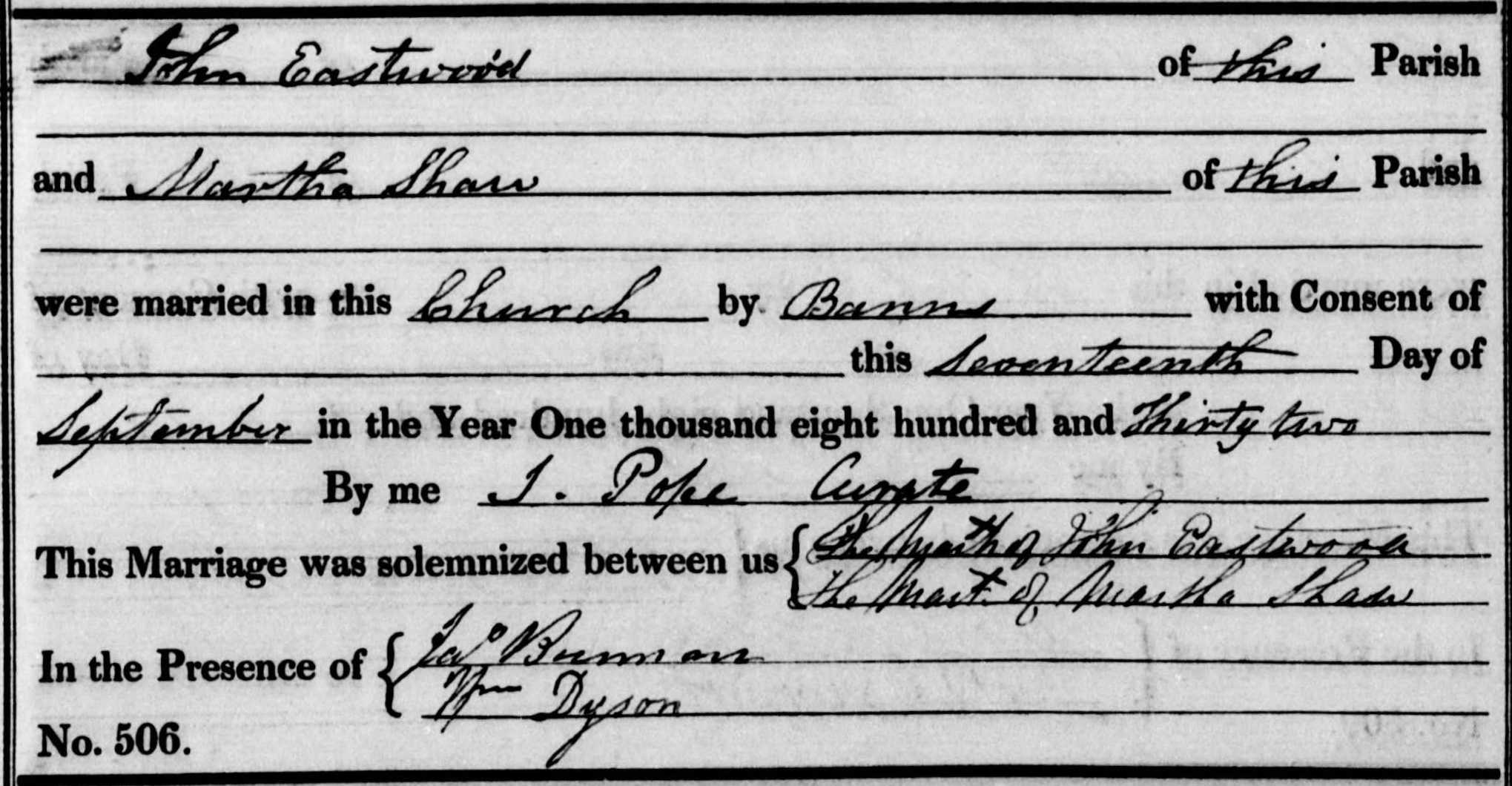 Taken on September 13th, 1832 and sourced from Certificate - Marriage.