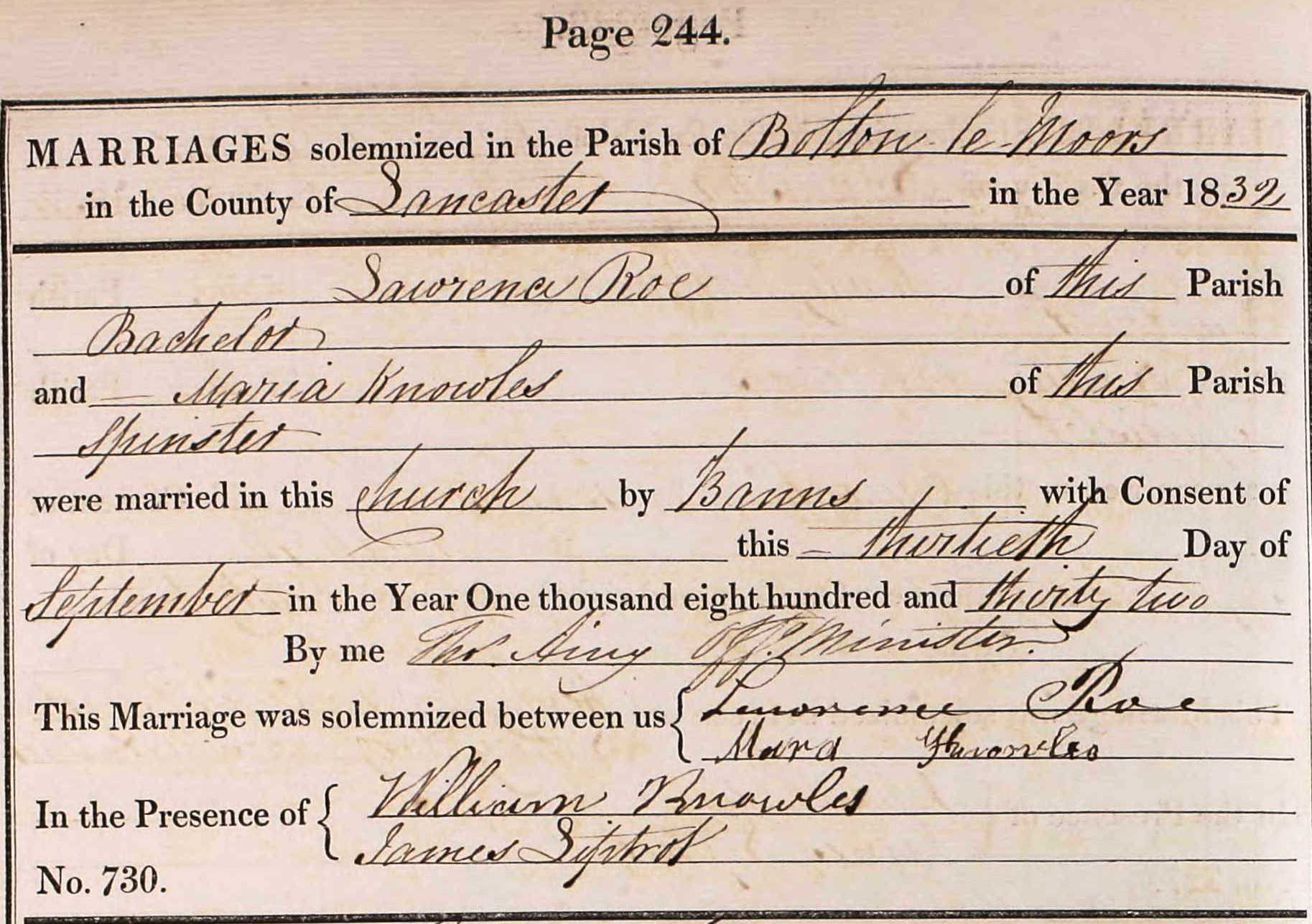 Taken on September 30th, 1832 and sourced from Certificate - Marriage.