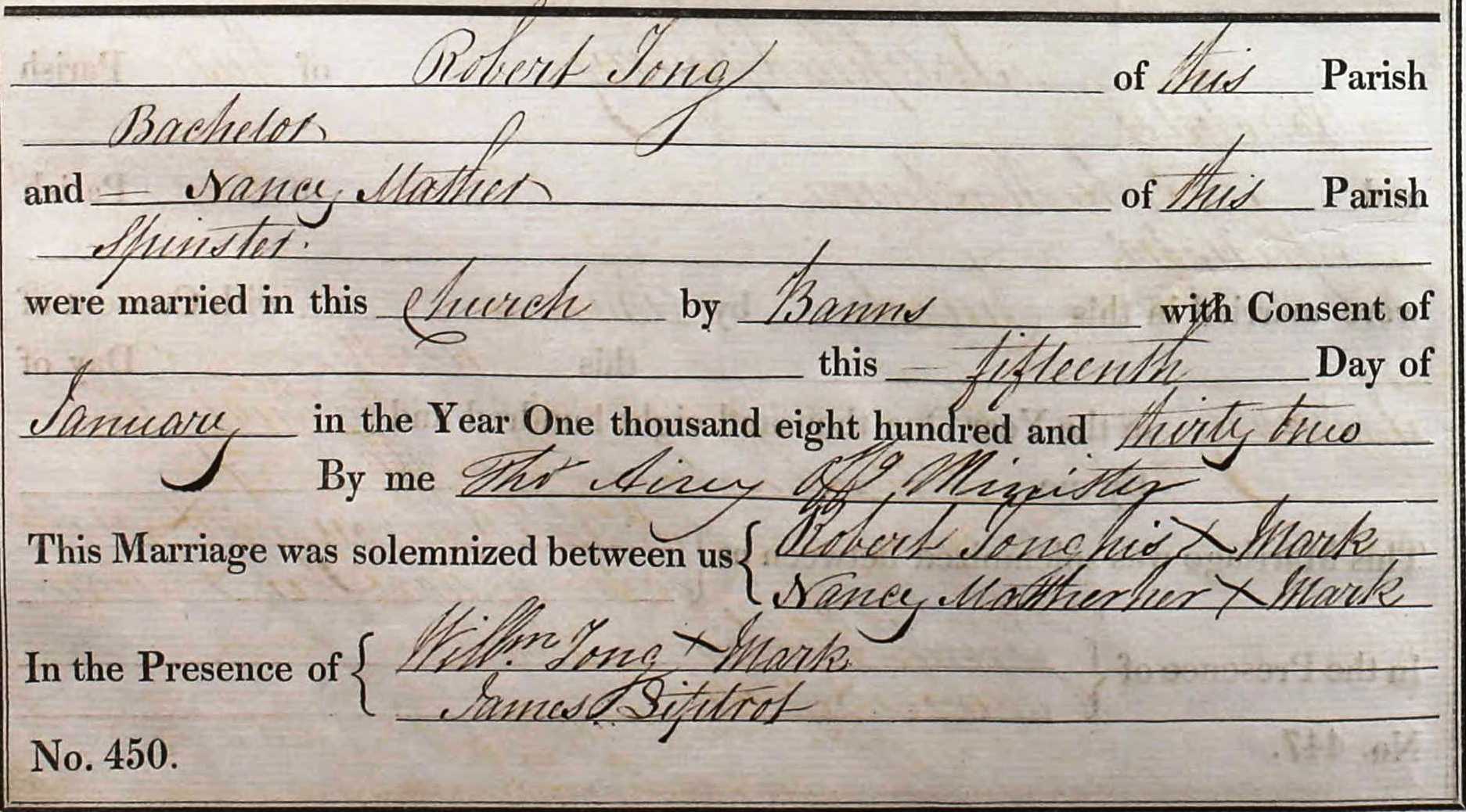 Taken on January 15th, 1832 and sourced from Certificate - Marriage.