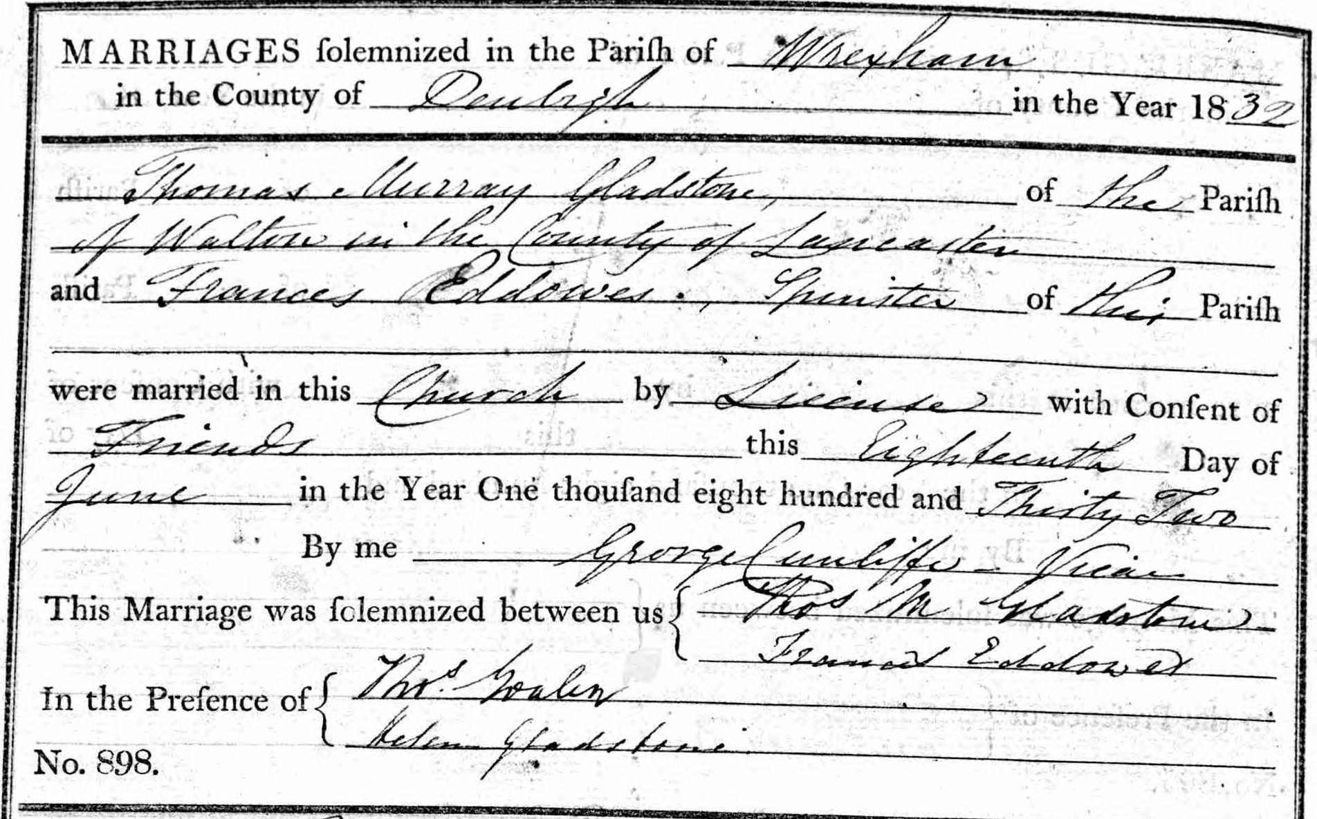 Taken on June 18th, 1832 and sourced from Certificate - Marriage.