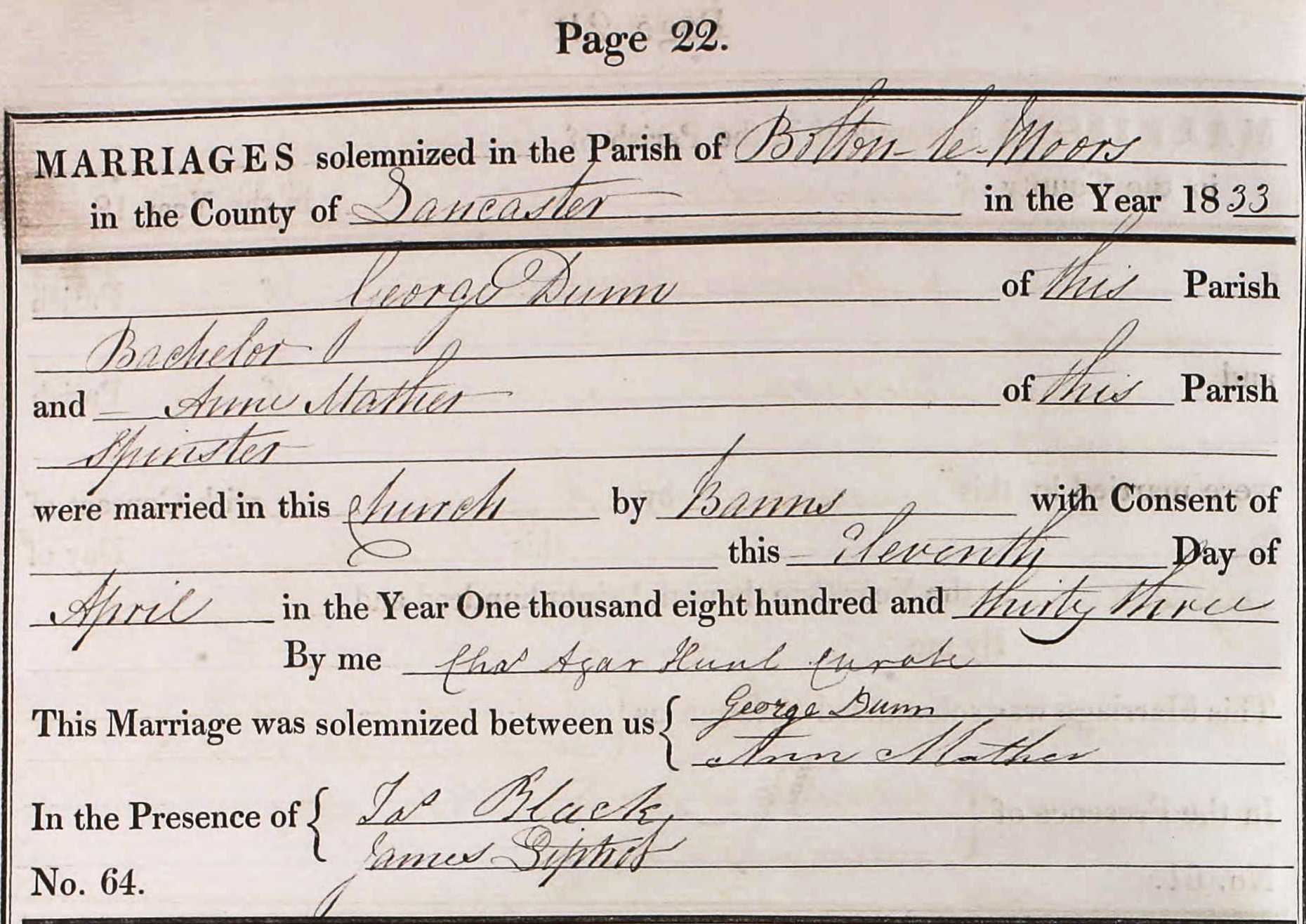 Taken on April 11th, 1833 and sourced from Certificate - Marriage.