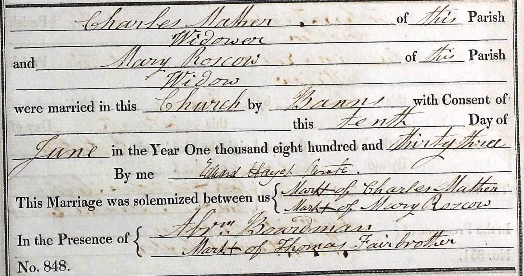 Taken on June 10th, 1833 and sourced from Certificate - Marriage.