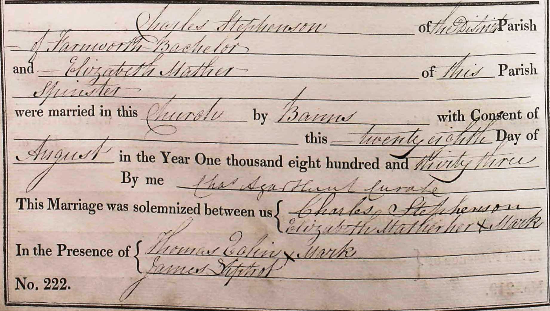 Taken on August 28th, 1833 and sourced from Certificate - Marriage.