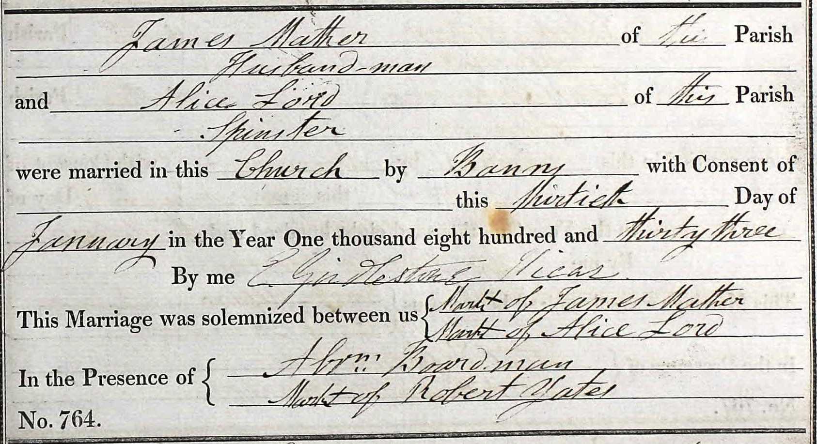 Taken on January 13th, 1833 and sourced from Certificate - Marriage.