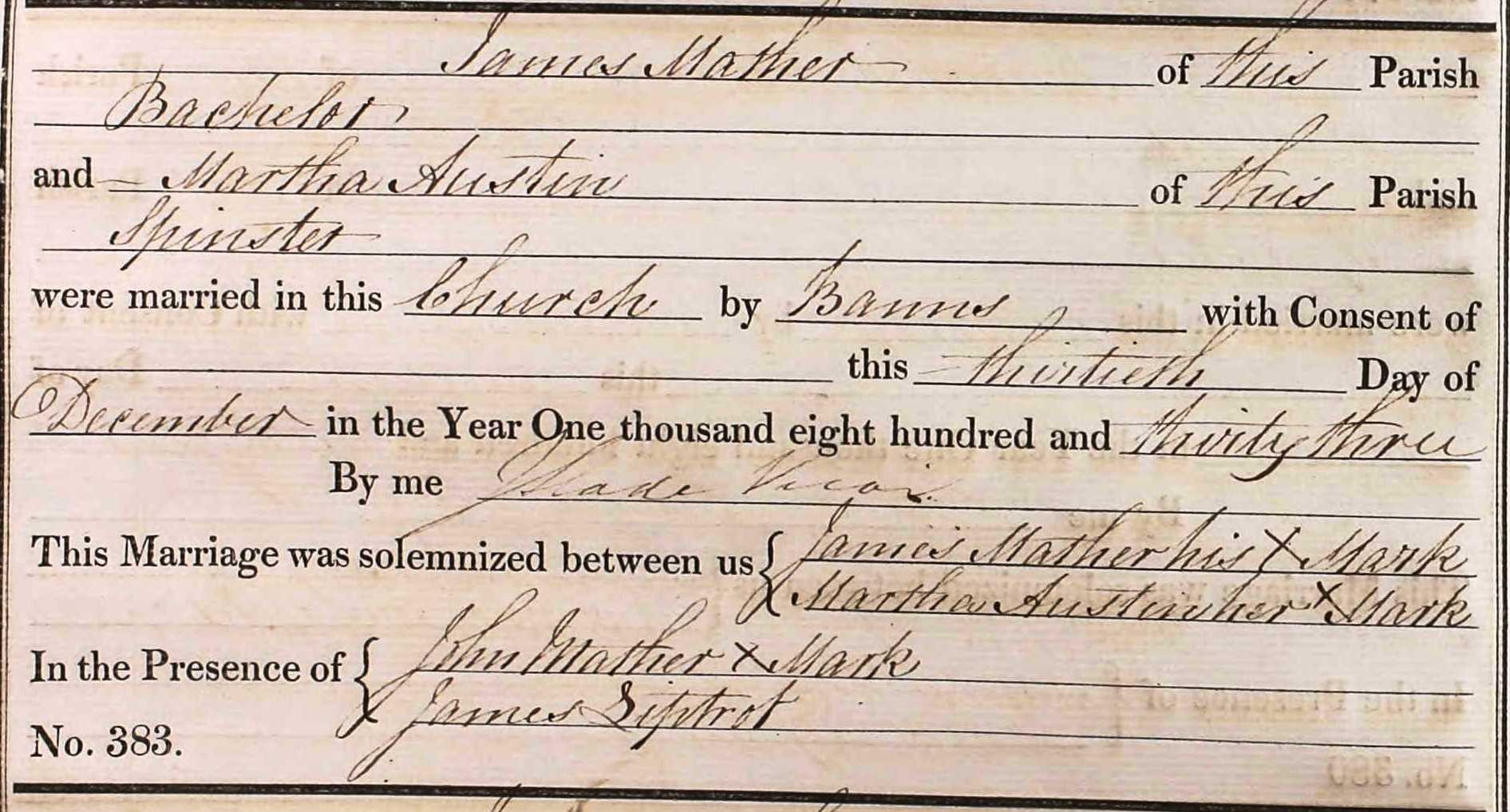 Taken on December 30th, 1833 and sourced from Certificate - Marriage.