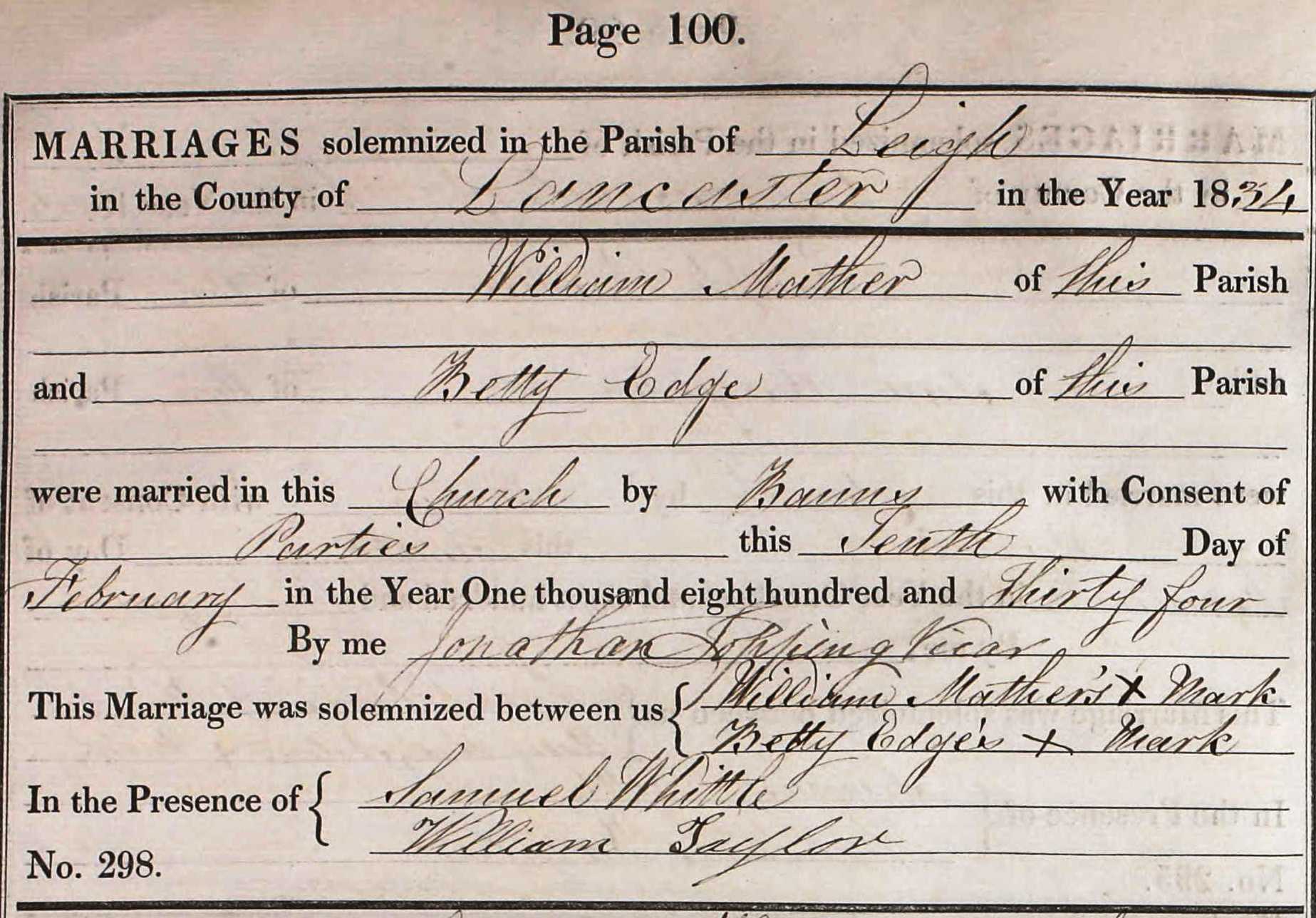 Taken on February 10th, 1834 and sourced from Certificate - Marriage.