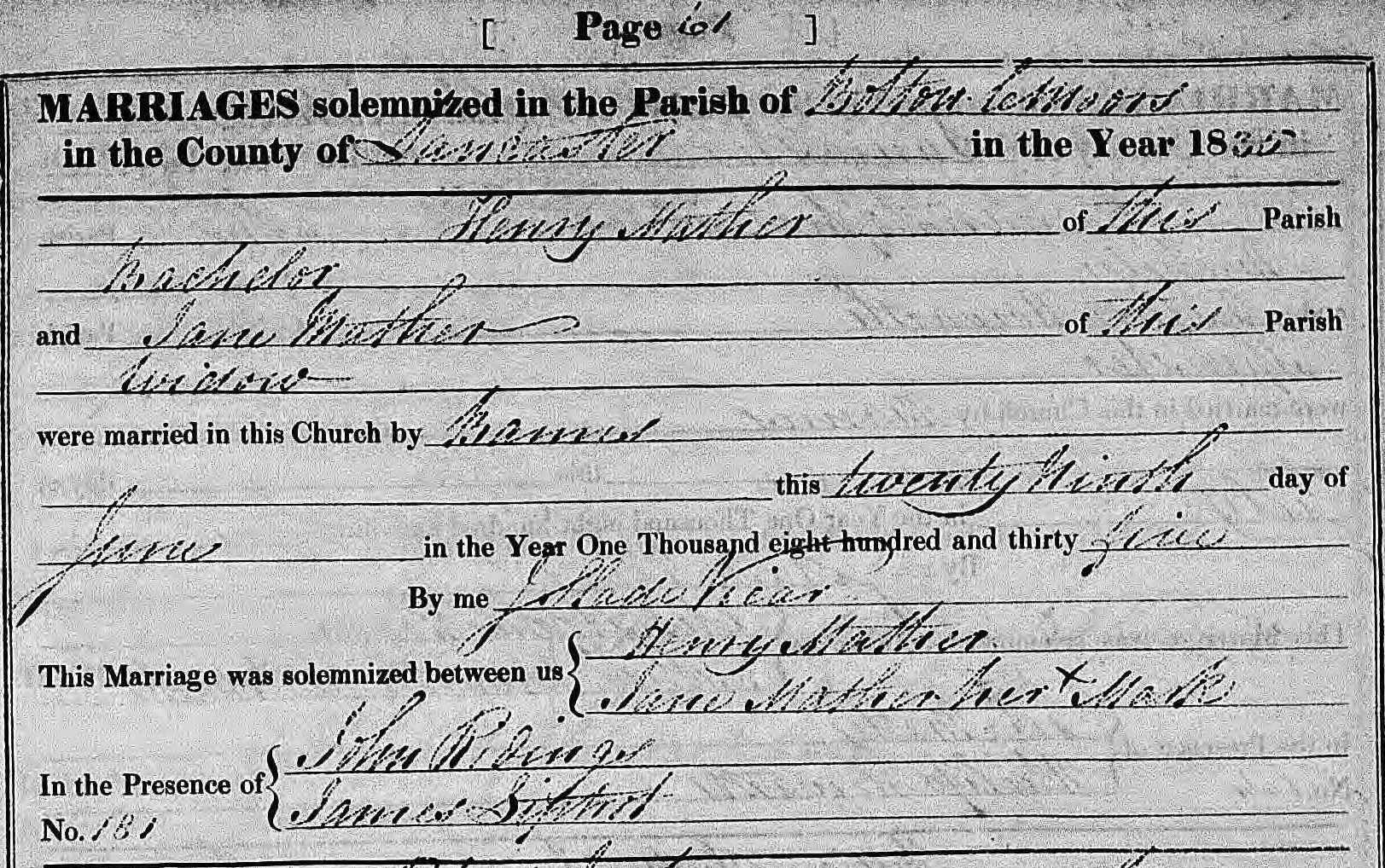 Taken on June 29th, 1835 and sourced from Certificate - Marriage.