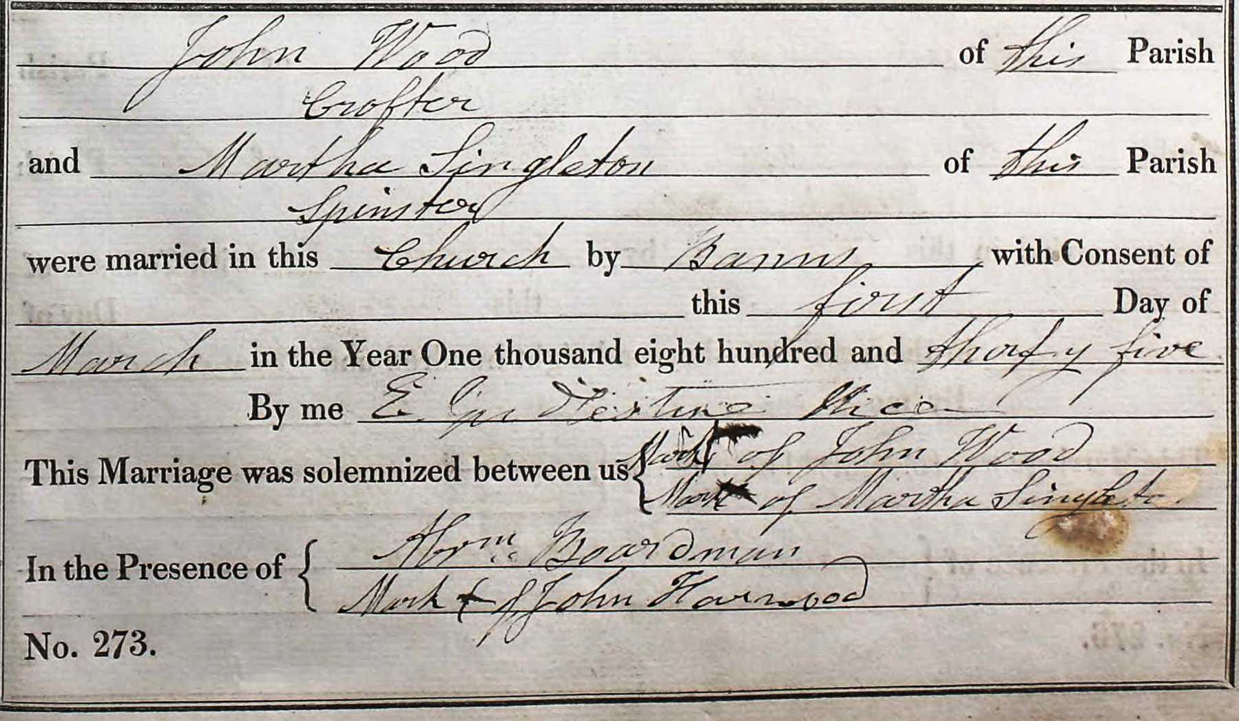 Taken on March 1st, 1835 and sourced from Certificate - Marriage.