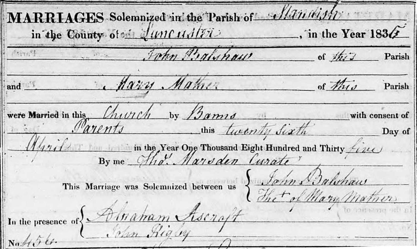 Taken on April 26th, 1835 and sourced from Certificate - Marriage.