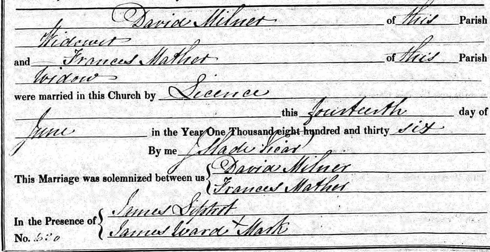 Taken on June 14th, 1836 and sourced from Certificate - Marriage.