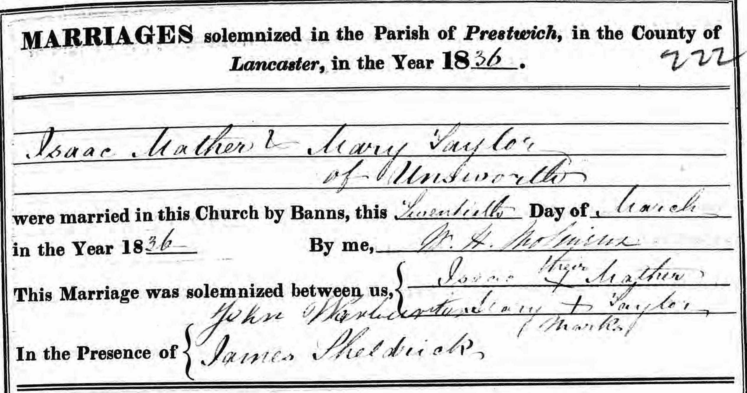 Taken on March 20th, 1836 and sourced from Certificate - Marriage.