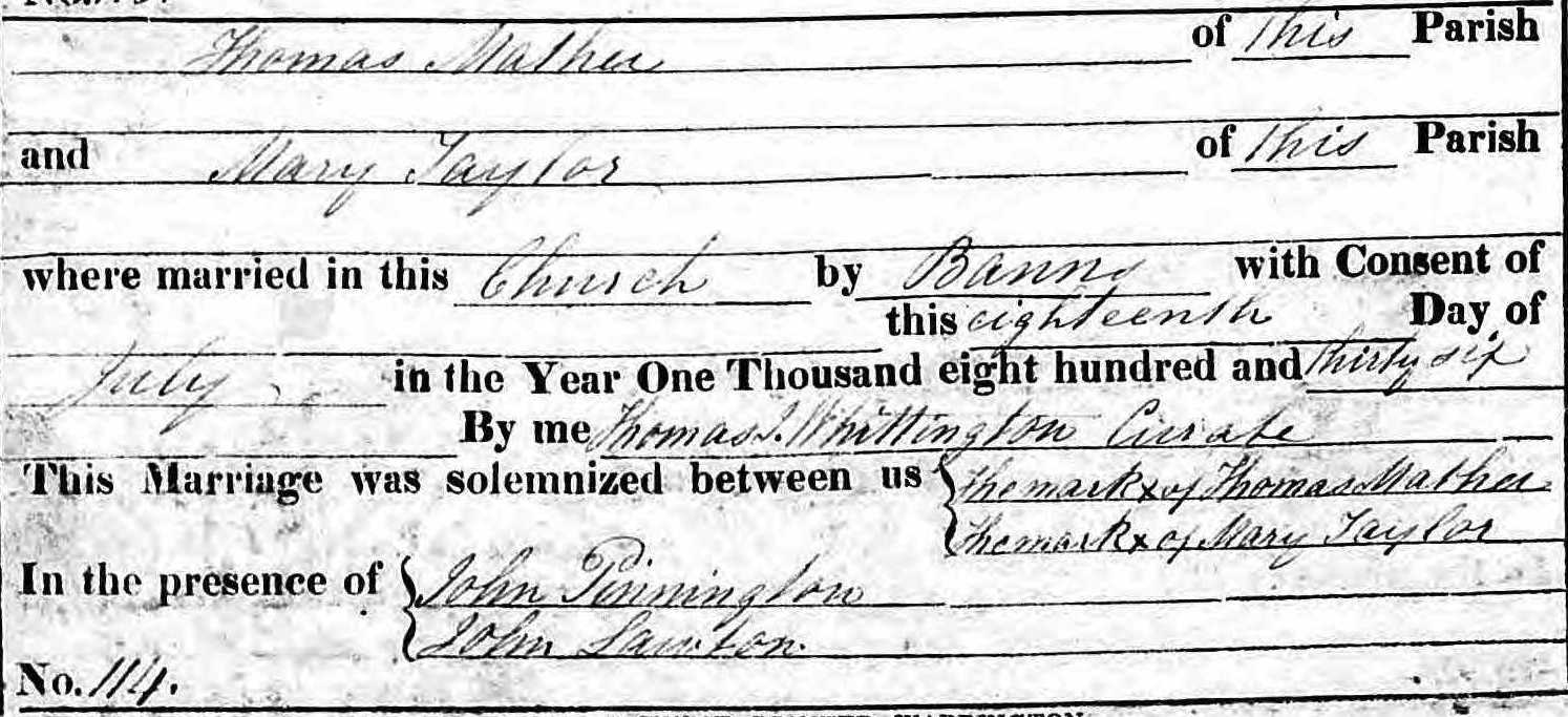 Taken on July 18th, 1836 and sourced from Certificate - Marriage.