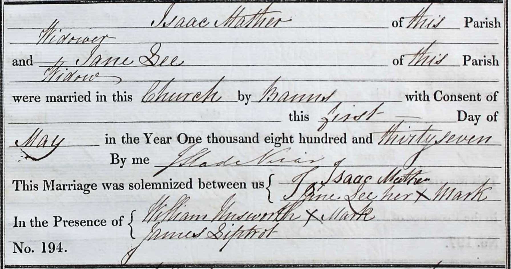 Taken on May 1st, 1837 and sourced from Certificate - Marriage.