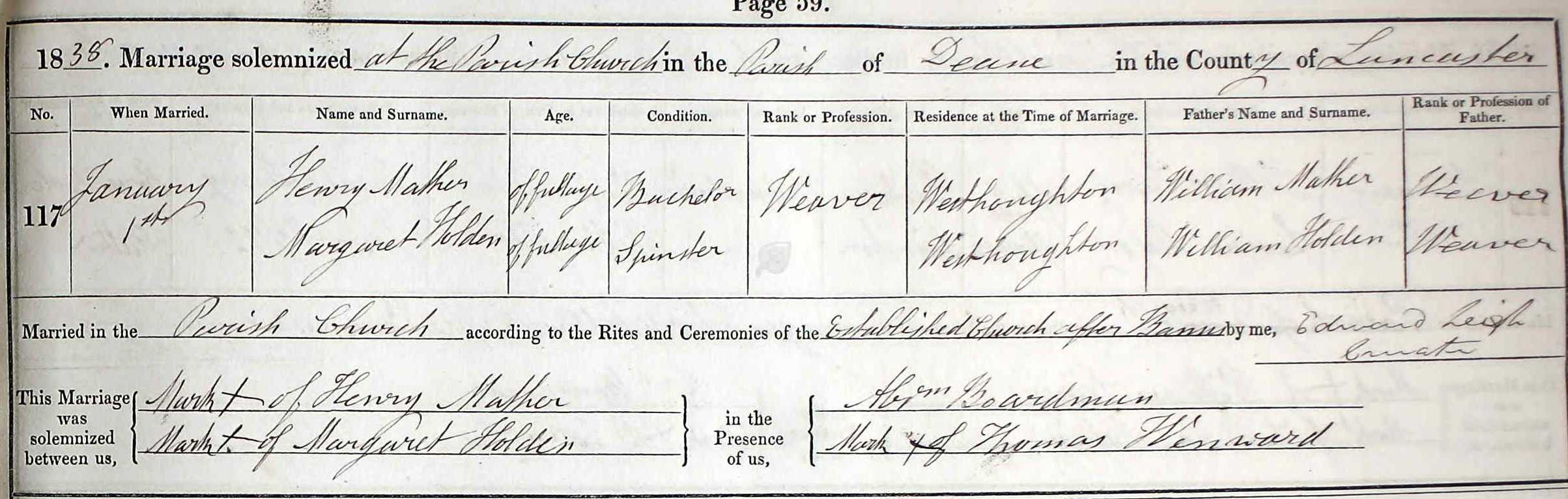 Taken on January 1st, 1838 and sourced from Certificate - Marriage.