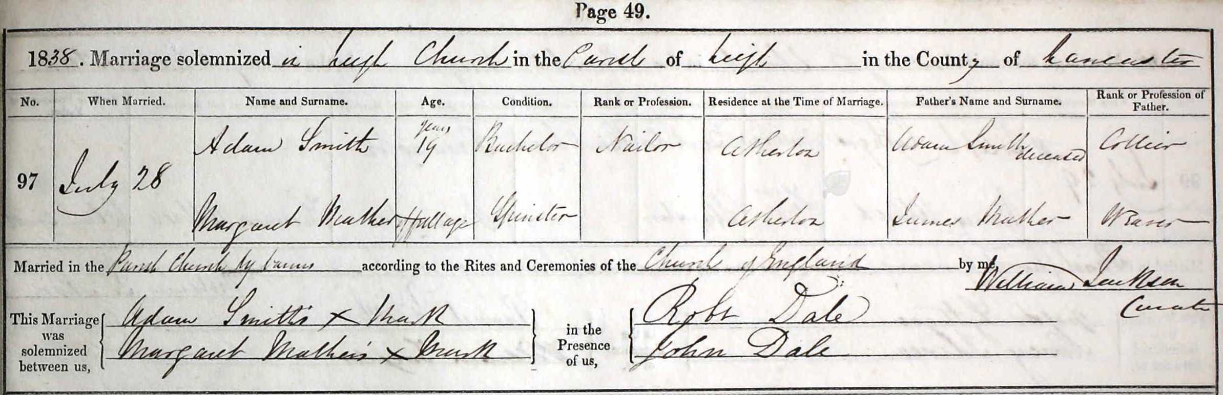 Taken on July 28th, 1838 and sourced from Certificate - Marriage.