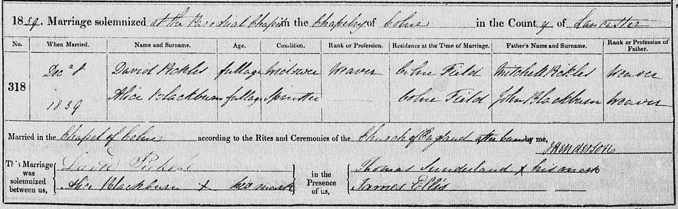 Taken on December 8th, 1839 and sourced from Certificate - Marriage.