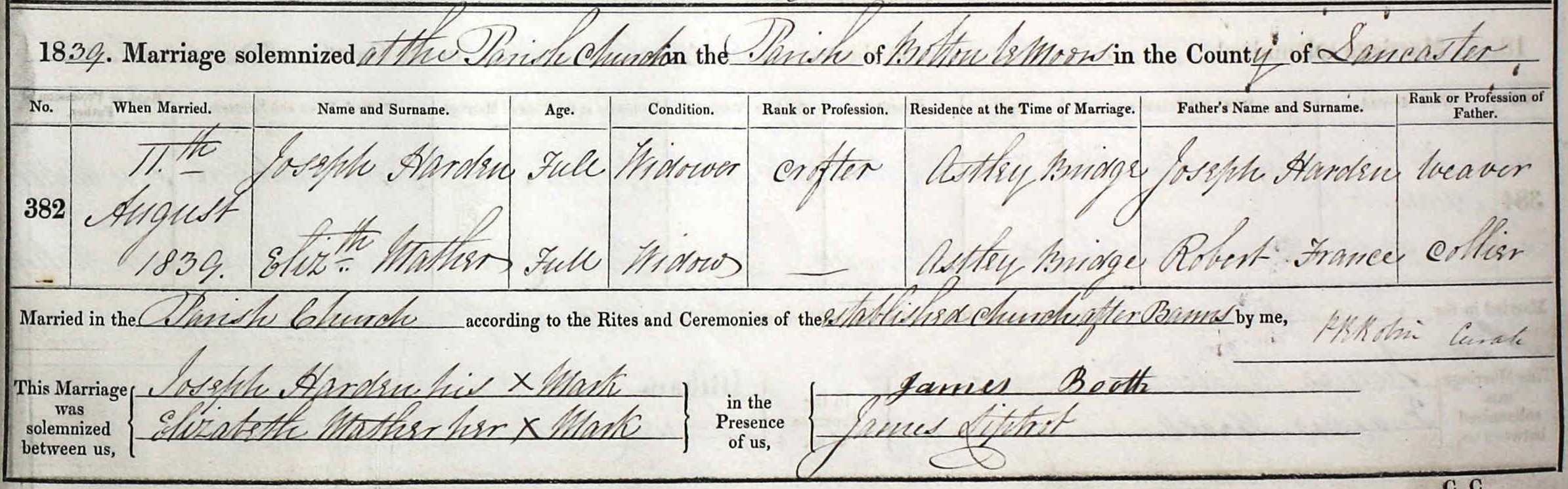 Taken on August 11th, 1839 and sourced from Certificate - Marriage.